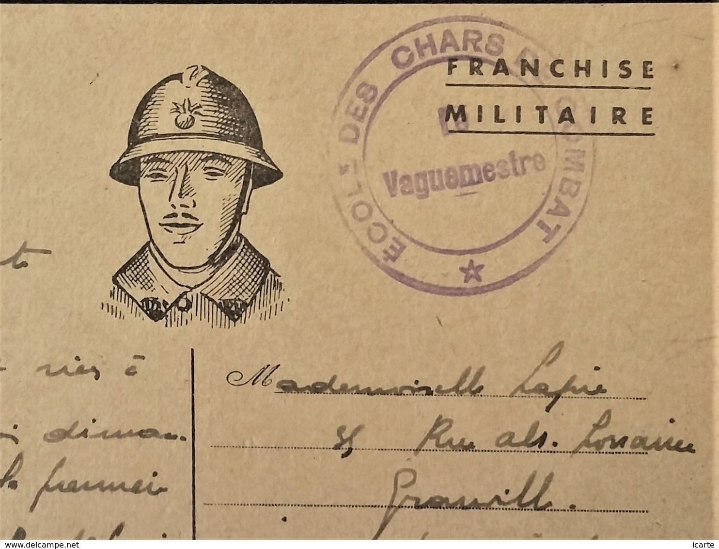 Carte De Franchise Militaire Cachet ECOLE DES CHARS DE COMBAT De Versailles E.O.RK Vers Granville Juin 1940 - Guerre De 1939-45