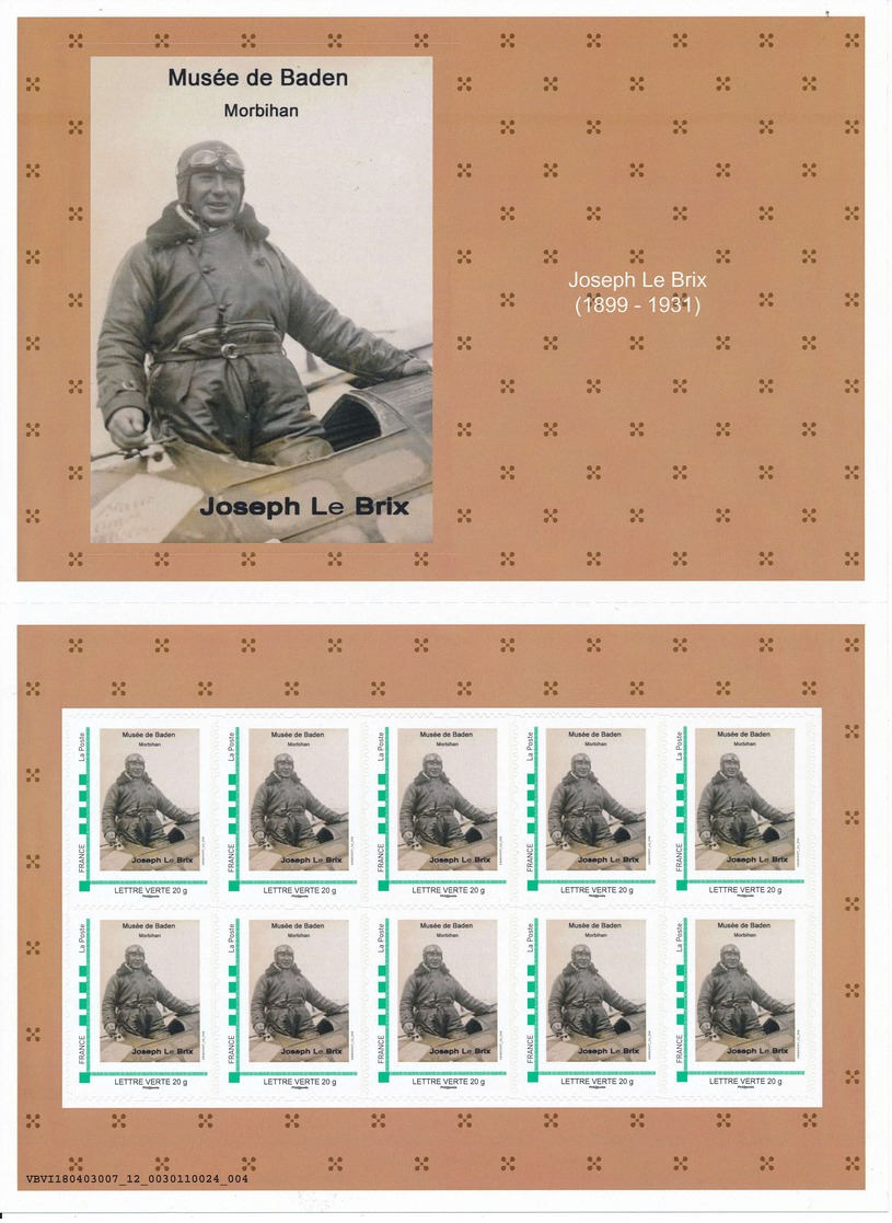 Aviateur Joseph LE BRIX - Collector Feuille De 10 TP Adhésifs - Baden (56) - Collectors