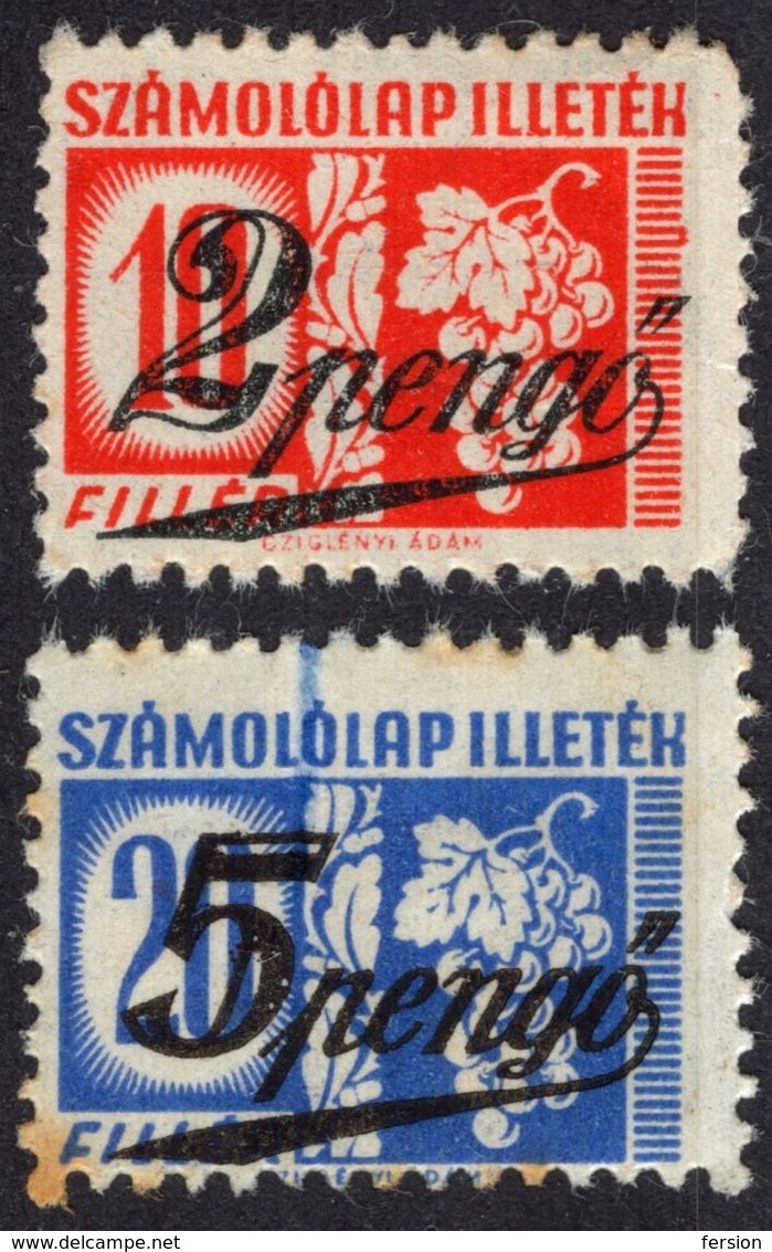 1945 Hungary Ungarn Hongrie - GRAPE - Revenue Stamp Bill Fiscal Tax - 2 P 5 P / 10 20 F OVERPRINT - Pair - Fiscaux