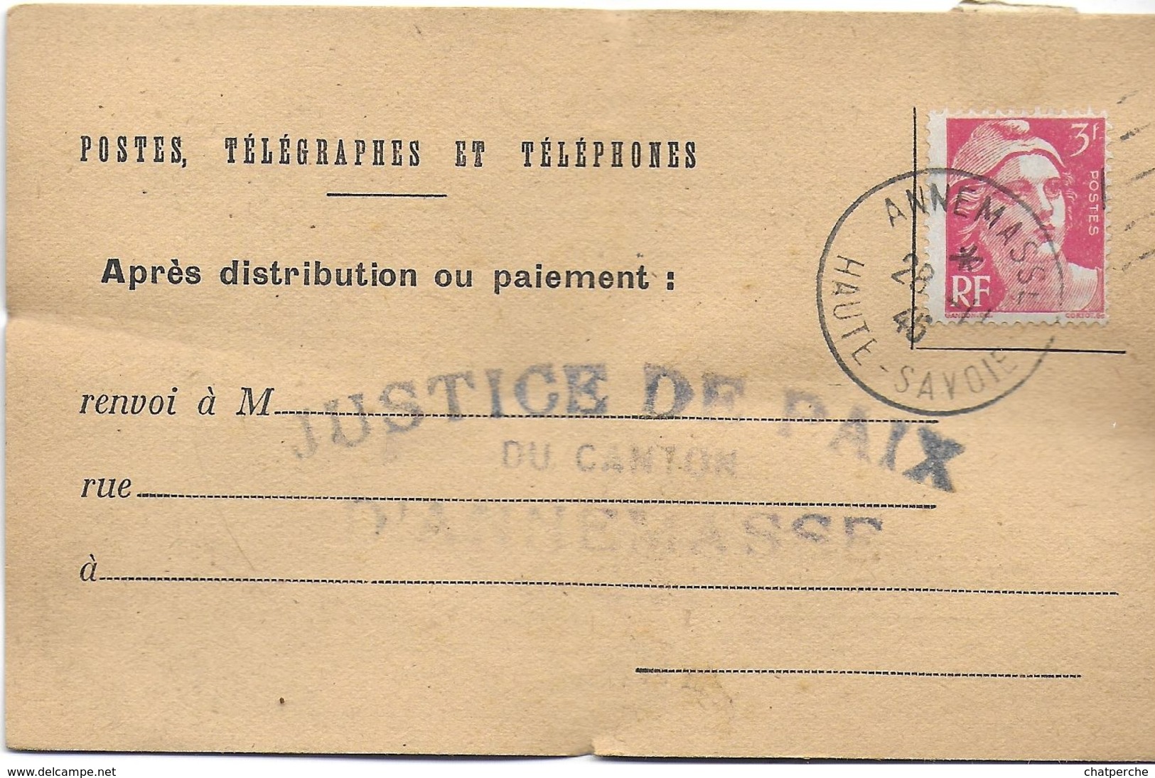 AVIS RÉCEPTION OU PAIEMENT POSTES TÉLÉGRAPHE & TÉLÉPHONES  1946  ANNEMASSE 74 HAUTE SAVOIE  JUSTICE DE PAIX CANTON LOT 3 - Historische Dokumente
