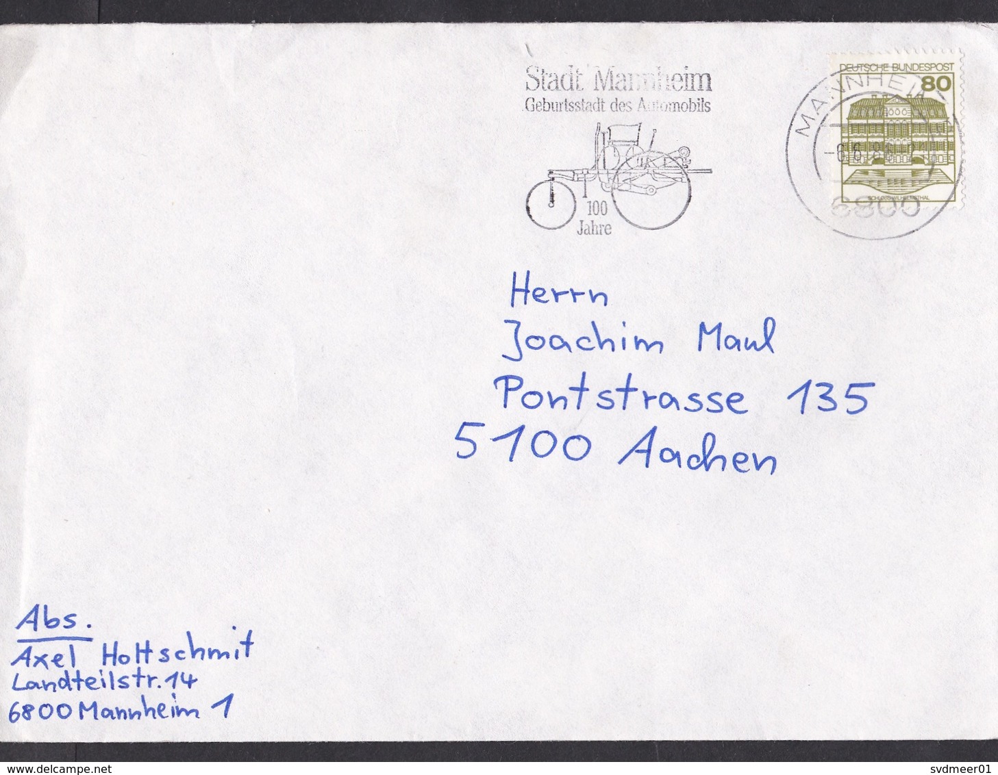 Germany: Cover, 1986, 1 Stamp, Cancel Mannheim Birth City Of Automobile, Oldtimer Car (traces Of Use) - Brieven En Documenten