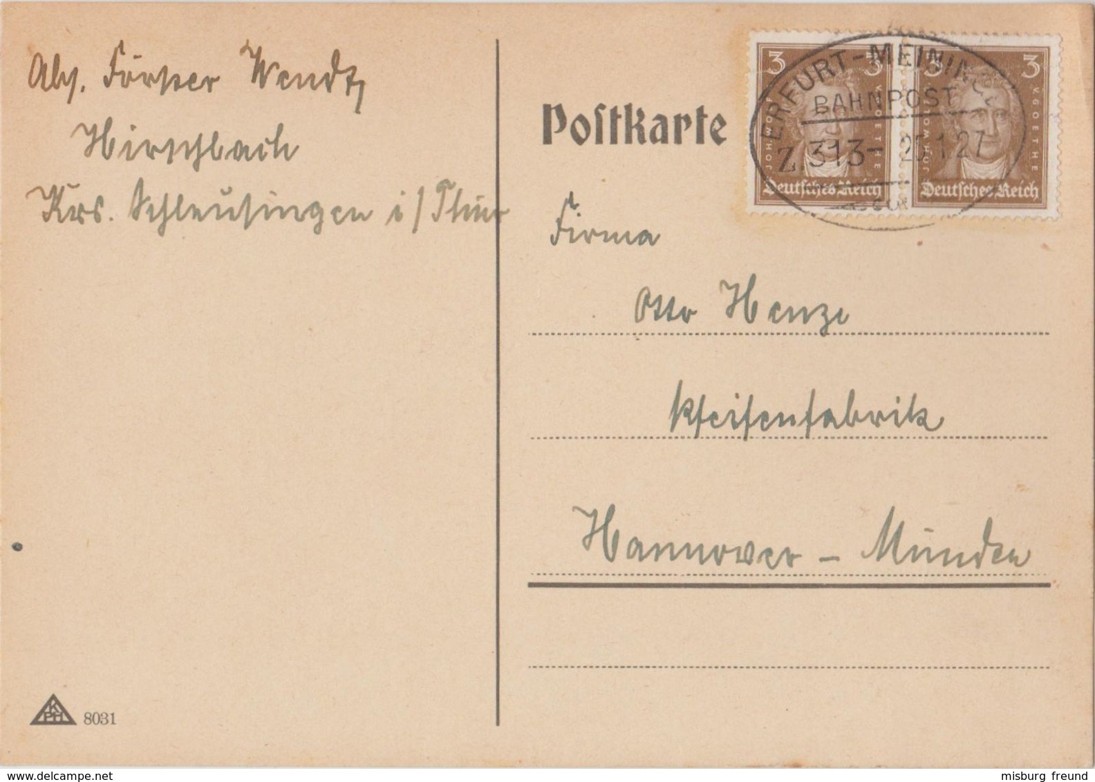 4 036 Postkarte Bahnpost "ERFURT-MEININGEN" 1927 - Gebraucht