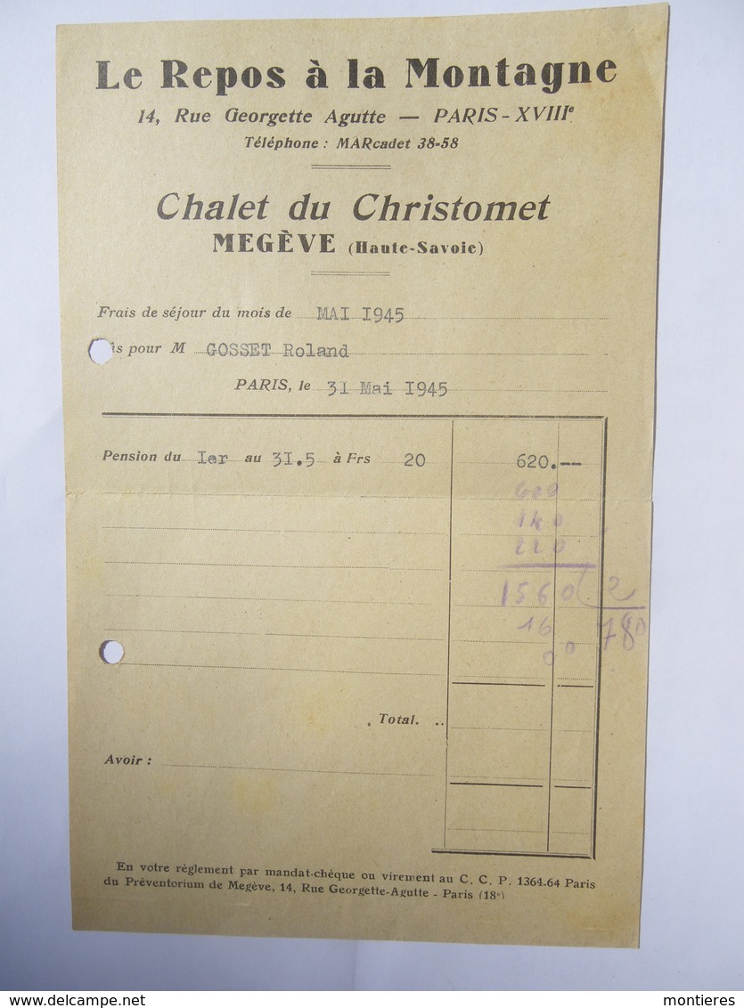 Note HOTEL LE REPOS A LA MONTAGNE Paris 18ème Chalet Du Christomet Haute Savoie 74 Megève 1945 - 1950 - ...