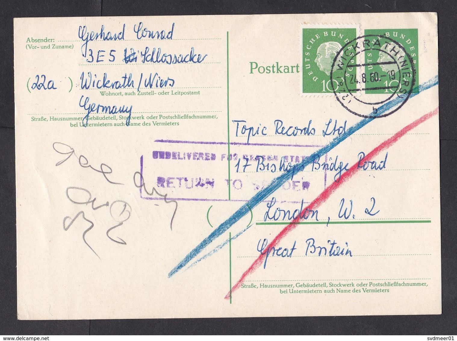 Germany: Stationery Postcard To UK, 1960, Extra Stamp, Returned, Retour Cancel, Gone Away, Paddington (traces Of Use) - Brieven En Documenten