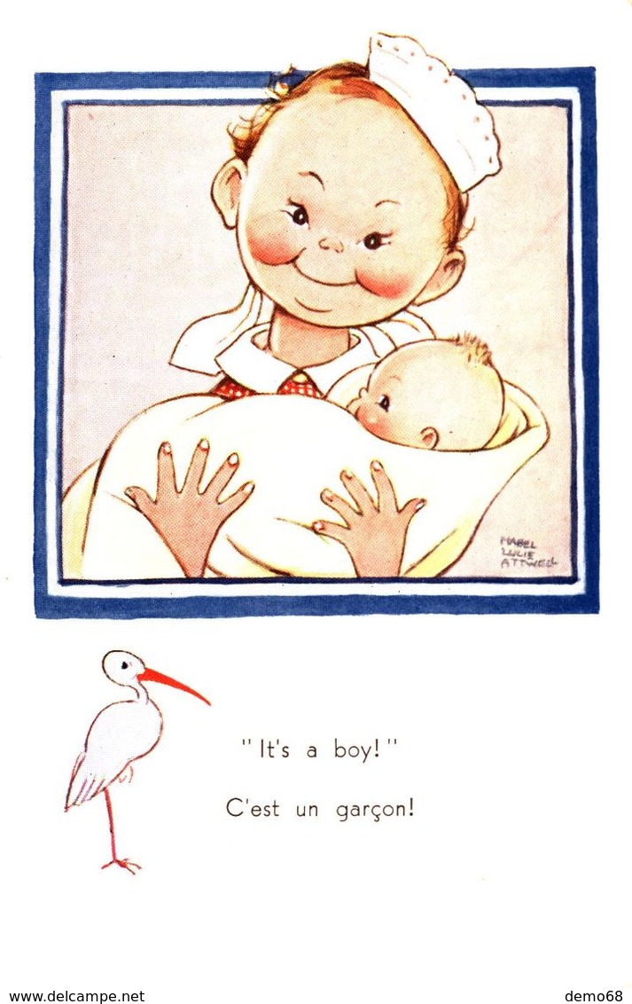 Fantaisie Enfant Bébé Humour Naissance Cigogne  ATTWELL Illustrateur Enfants C'est Un Garçon - Neonati