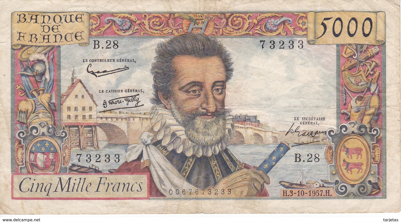 BILLETE DE FRANCIA DE 5000 FRANCS DEL 3-10-1957 DE HENRI IV   (BANKNOTE) - 1955-1959 Sobrecargados (Nouveau Francs)