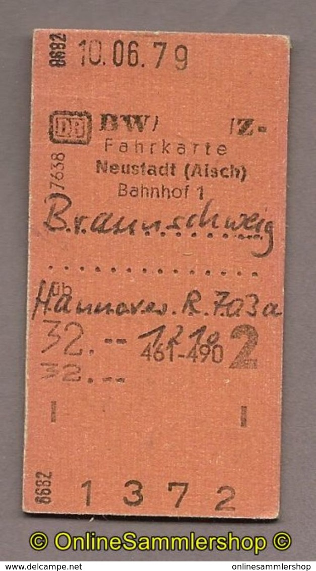 L07) Pappfahrkarte DB -->  DB / BW - Braunschweig - Hannover (1979) - Europa