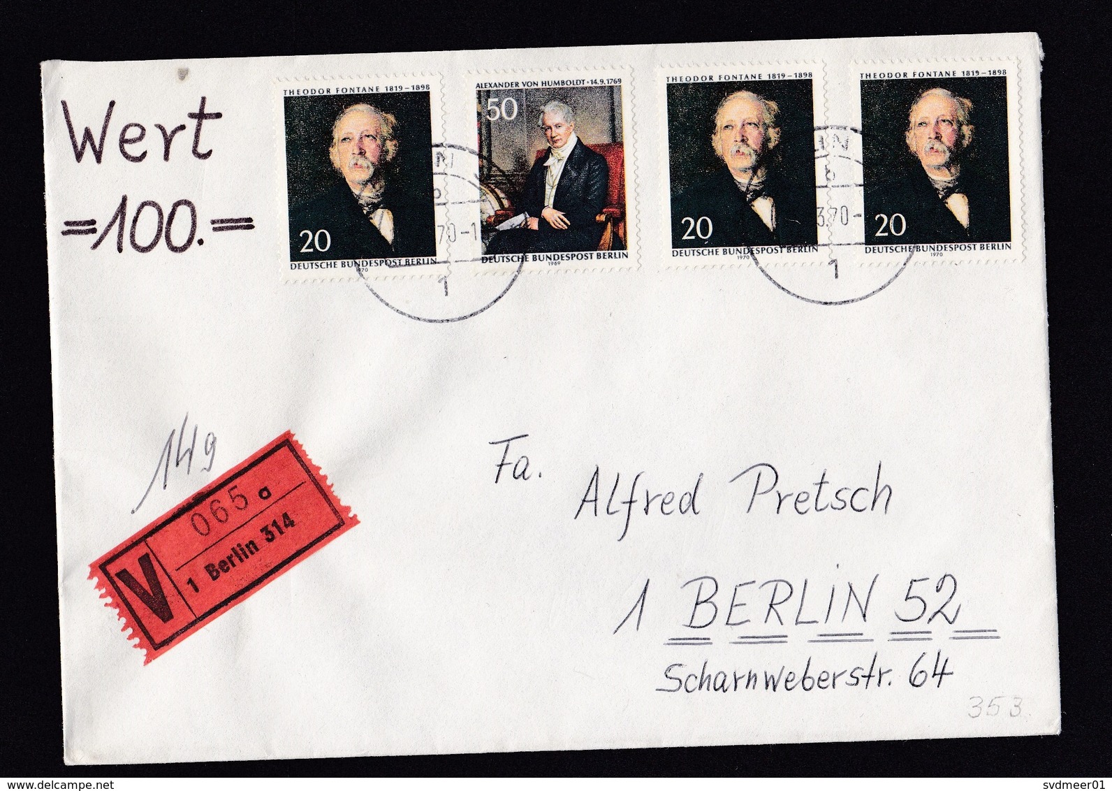 Germany-Berlin: Insured Value Cover, 1970, 4 Stamps, Fontane, Humboldt, V-label (traces Of Use) - Brieven En Documenten