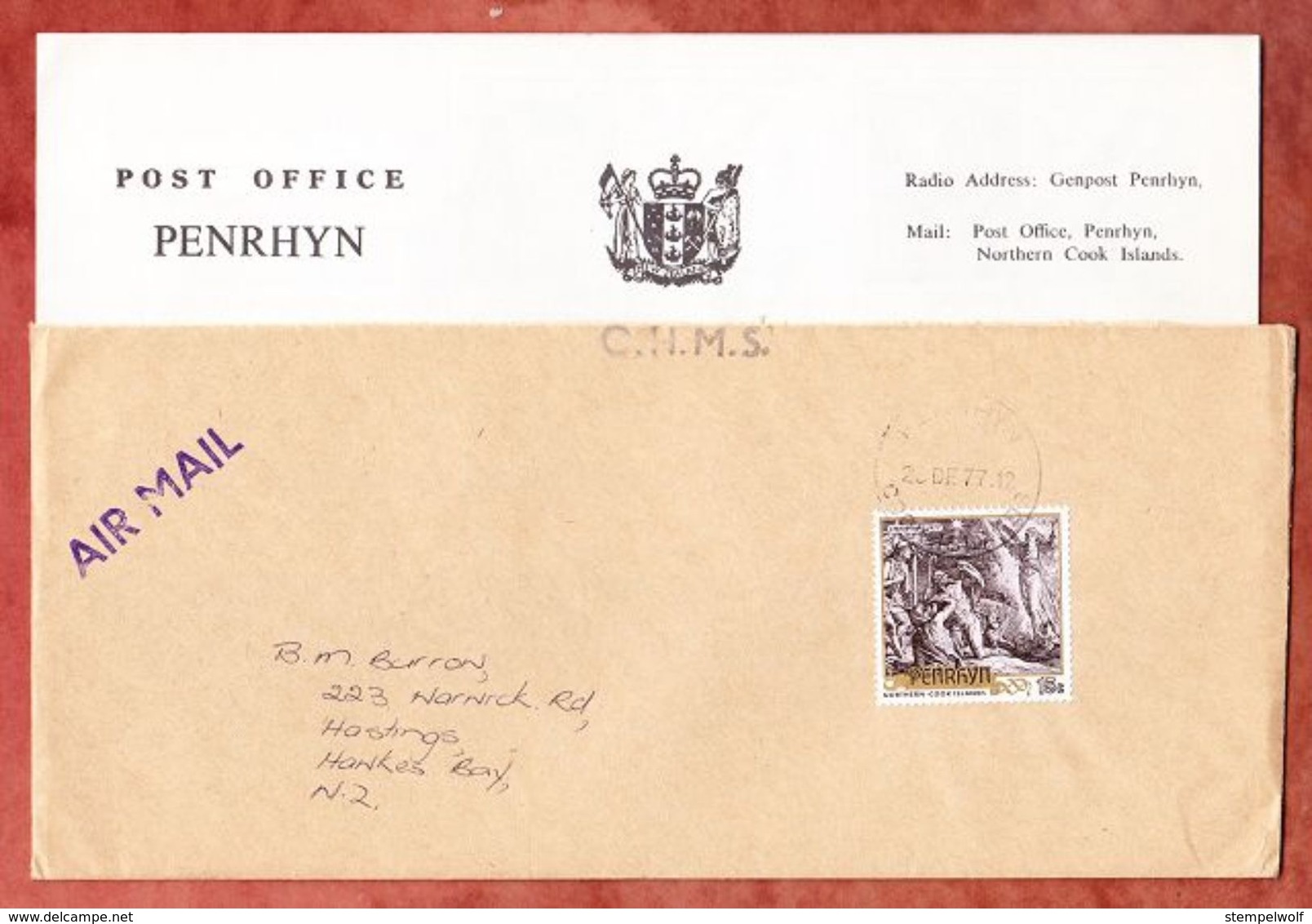 Luftpost Mit Inhalt, EF Weihnachten, Penrhyn Cook Islands Nach Hastings Neuseeland 1977 (49424) - Penrhyn
