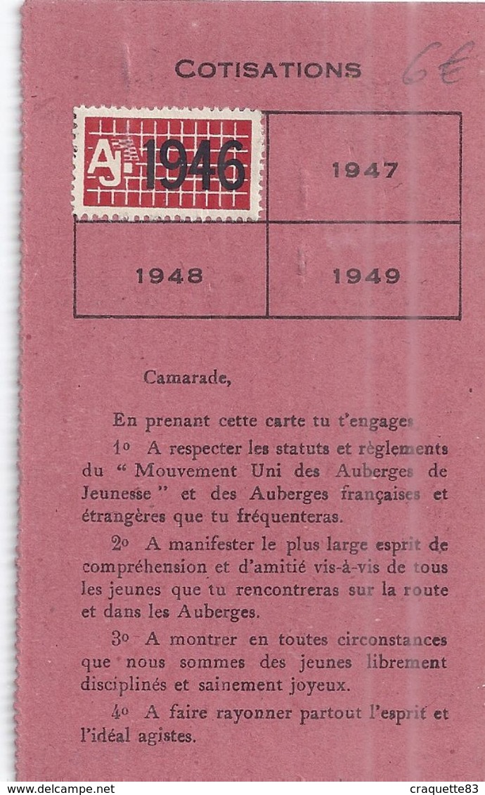 MOUVEMENT UNI DES AUBERGES DE JEUNESSE  CARTE DE MEMBRE ADHERENT  1946  TOULON VAR - Autres & Non Classés