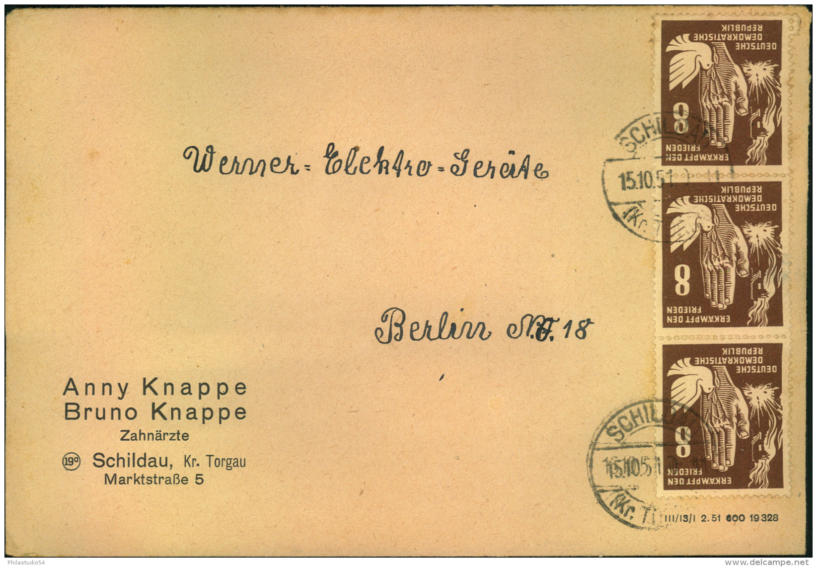 1951, Fernbrief Mit Senkrechtem 3-er-Streifen 8 Pfg. Frieden Ab ""SCHILDAU Kr. TORGAU"". - Storia Postale