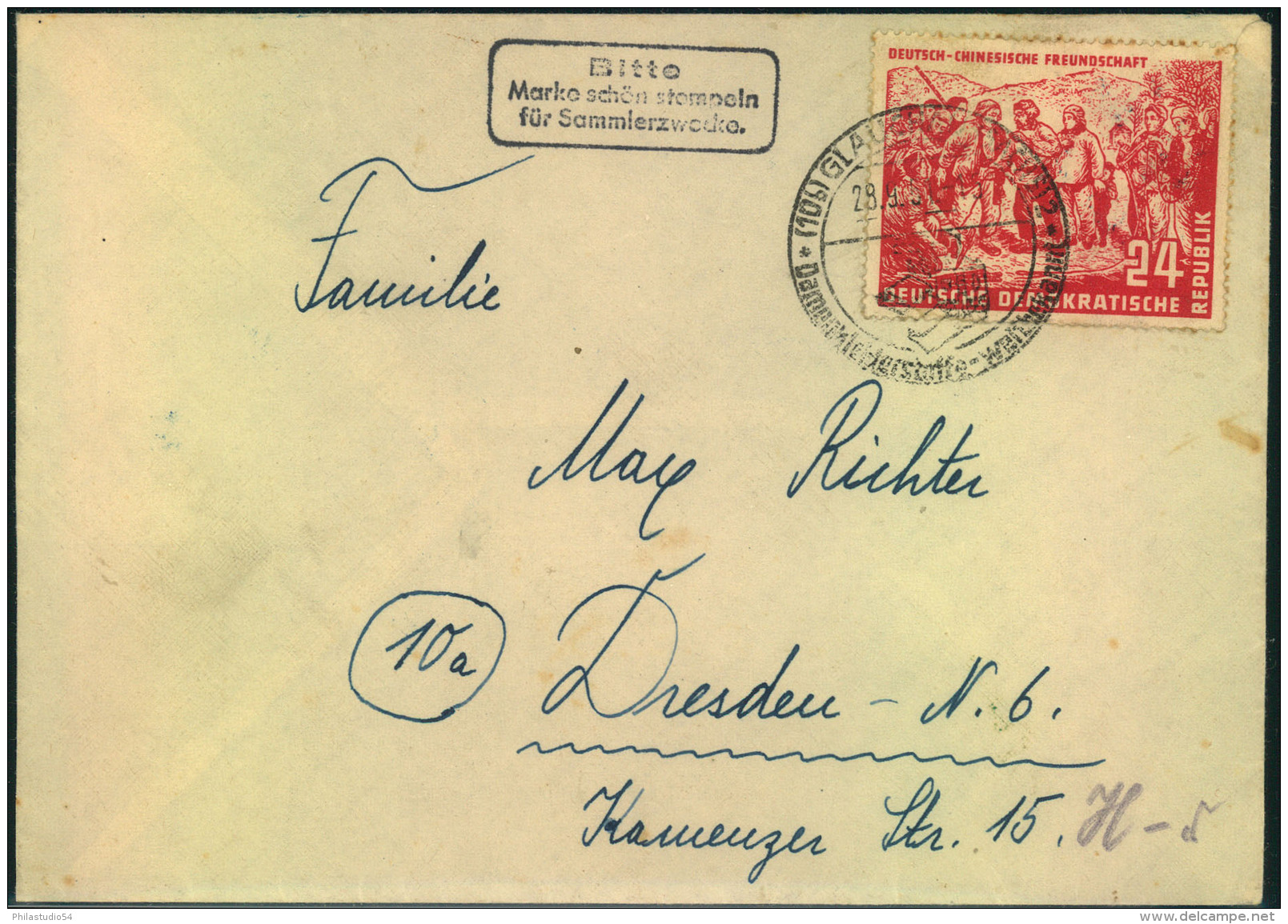 1951, Fernbrief Mit 24 Pfg. Deutsch-Chinesische Freundschaft Mit Orts-Werbestempel GLAUCHAU. - Lettres & Documents
