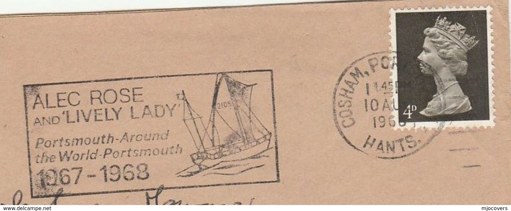 1968 Cosham GB COVER SLOGAN Illus SAILING YACHT 'LIVELY LADY' ALEC ROSE AROUND THE WORLD Portsmouth Sport Stamps - Sailing