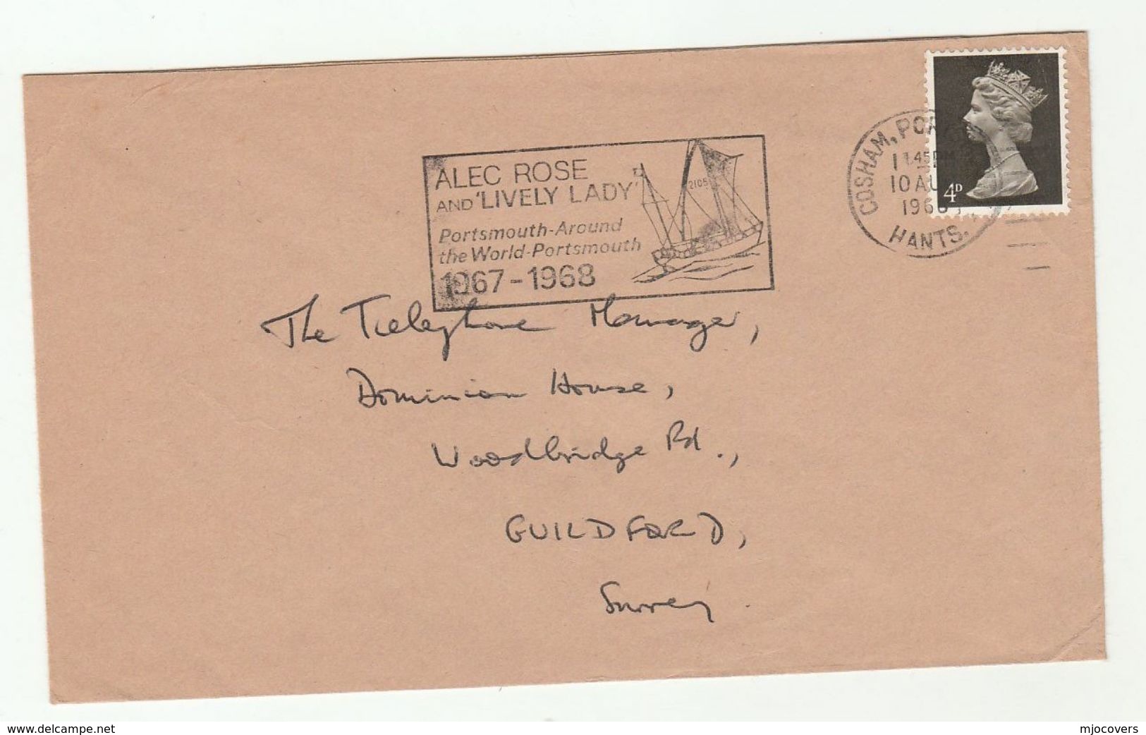 1968 Cosham GB COVER SLOGAN Illus SAILING YACHT 'LIVELY LADY' ALEC ROSE AROUND THE WORLD Portsmouth Sport Stamps - Sailing