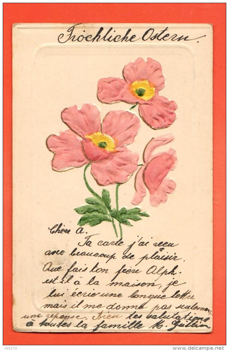 GBV-37  Fröhliche Ostern. Joyeuses Pâques. Fleurs Anémones En Relief, Gaufré, Geprägt.  Pionier. 1908 - Pâques