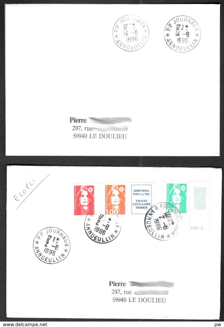 FRANCE '59 ANNOEULLIN PP JOURNAUX'  1996  2 MARQUES POSTALES Et OBLITERATIONS - 1961-....