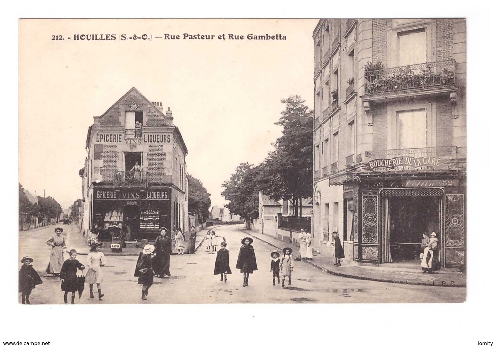 78 Houilles Rue Pasteur Et Rue Gambetta Cpa Animée Enfant Commerce Boucherie De La Gare Edit LPG - Houilles