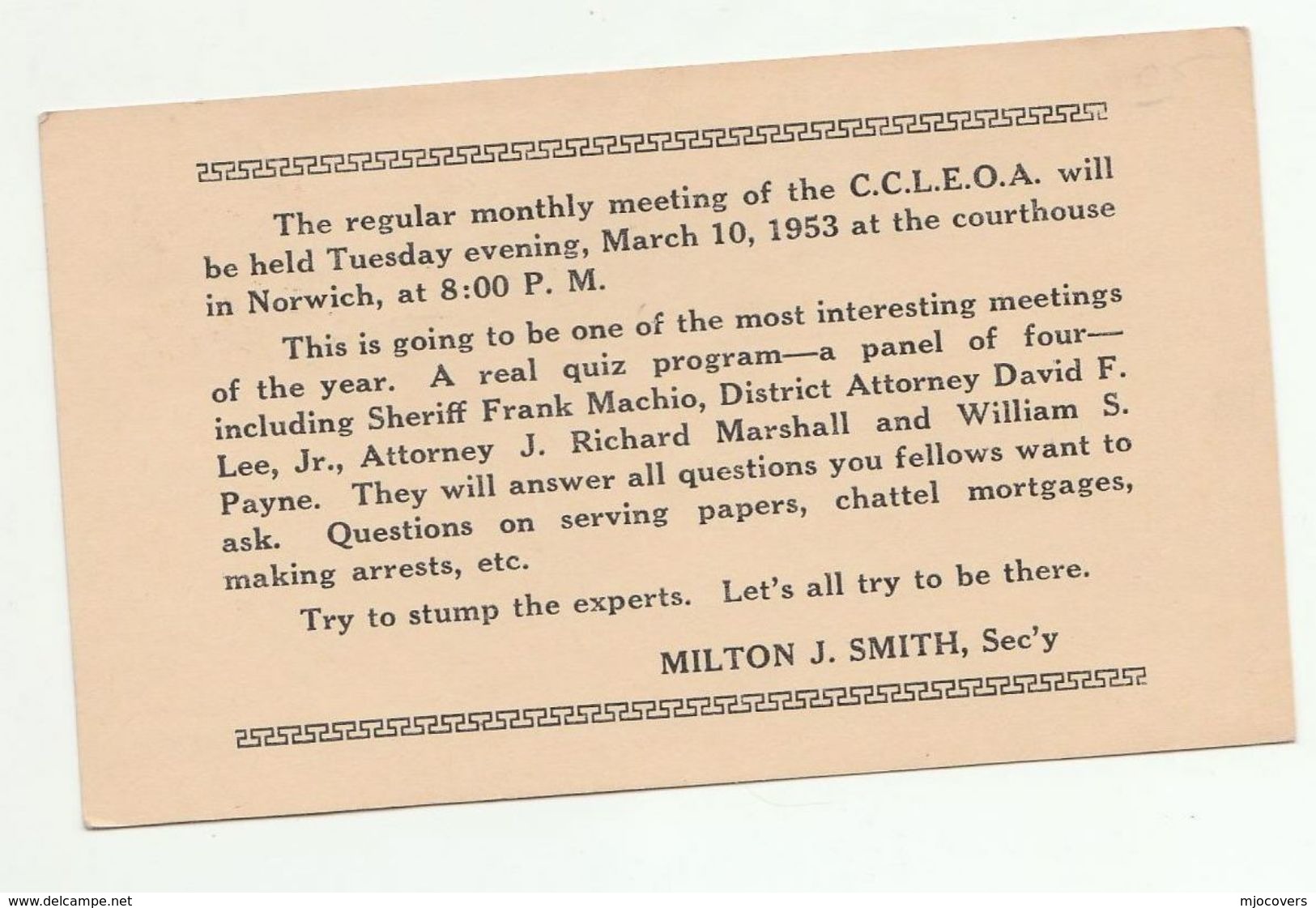 1953 Norwich NY USA CCLEOA COURTHOUSE MEETING  Postal STATIONERY CARD Cover Stamps - 1941-60
