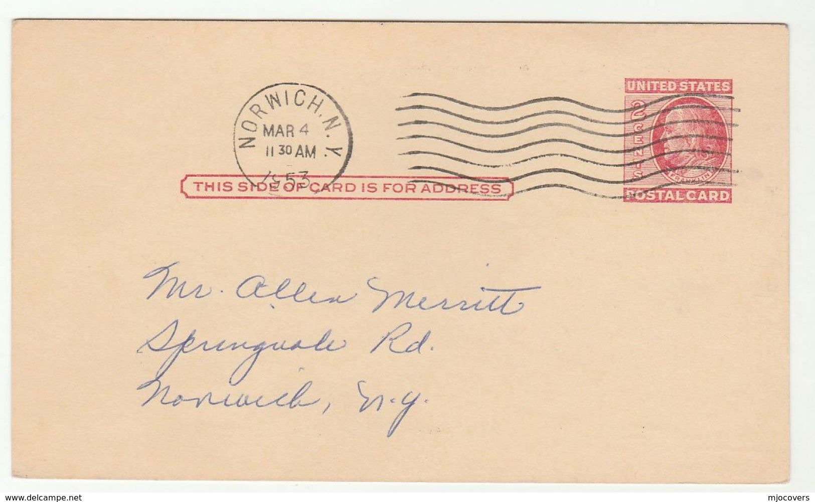 1953 Norwich NY USA CCLEOA COURTHOUSE MEETING  Postal STATIONERY CARD Cover Stamps - 1941-60