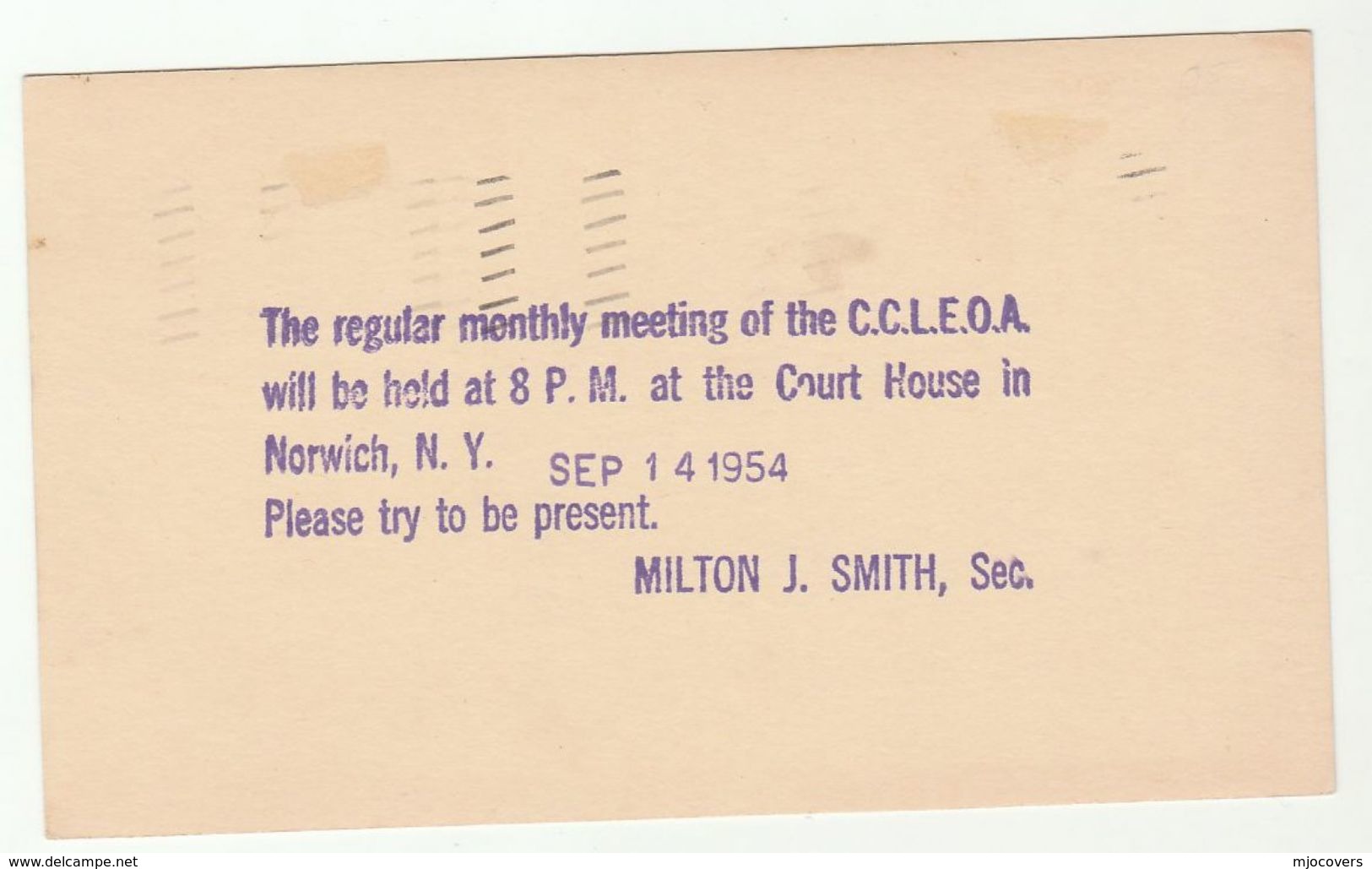 1954 Norwich NY USA CCLEOA COURTHOUSE MEETING  Postal STATIONERY CARD Cover Stamps - 1941-60