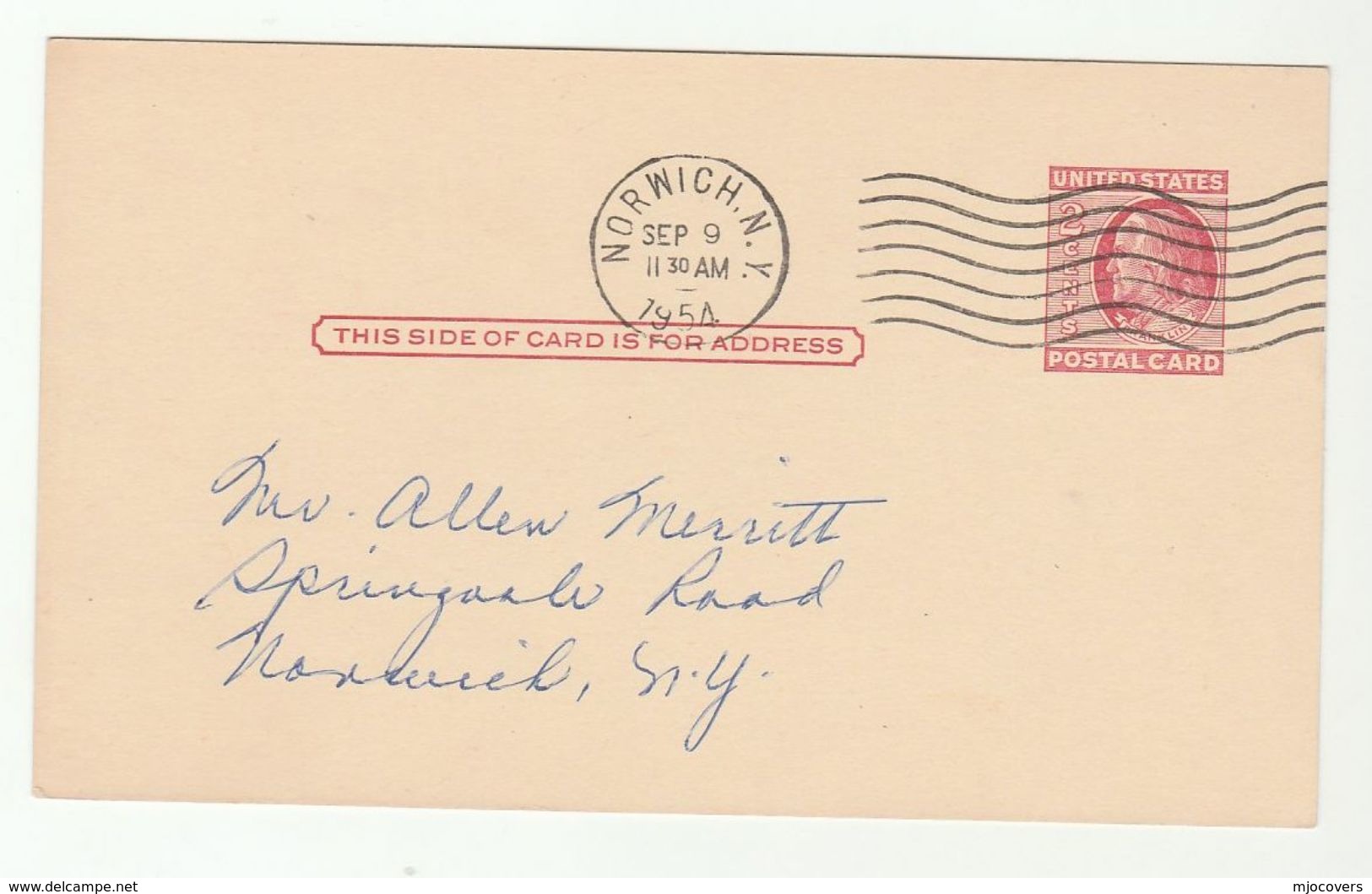1954 Norwich NY USA CCLEOA COURTHOUSE MEETING  Postal STATIONERY CARD Cover Stamps - 1941-60