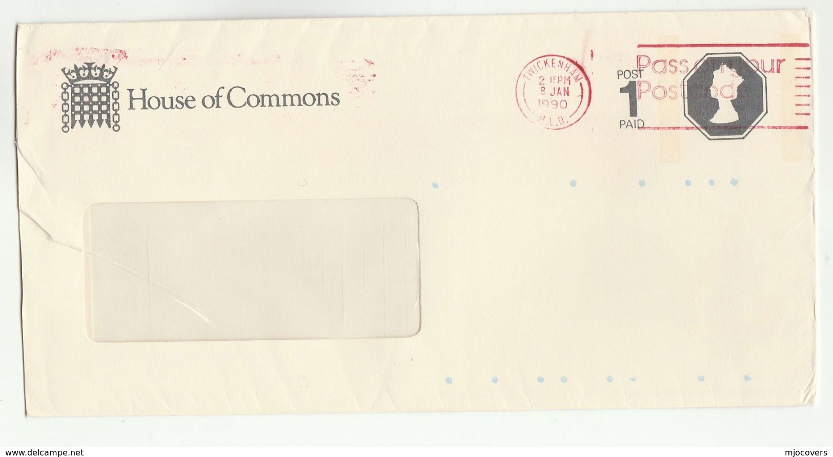 1990 Twickenham GB HOUSE OF COMMONS  1 PAID POSTAL STATIONERY COVER Stamps Parliament - Stamped Stationery, Airletters & Aerogrammes