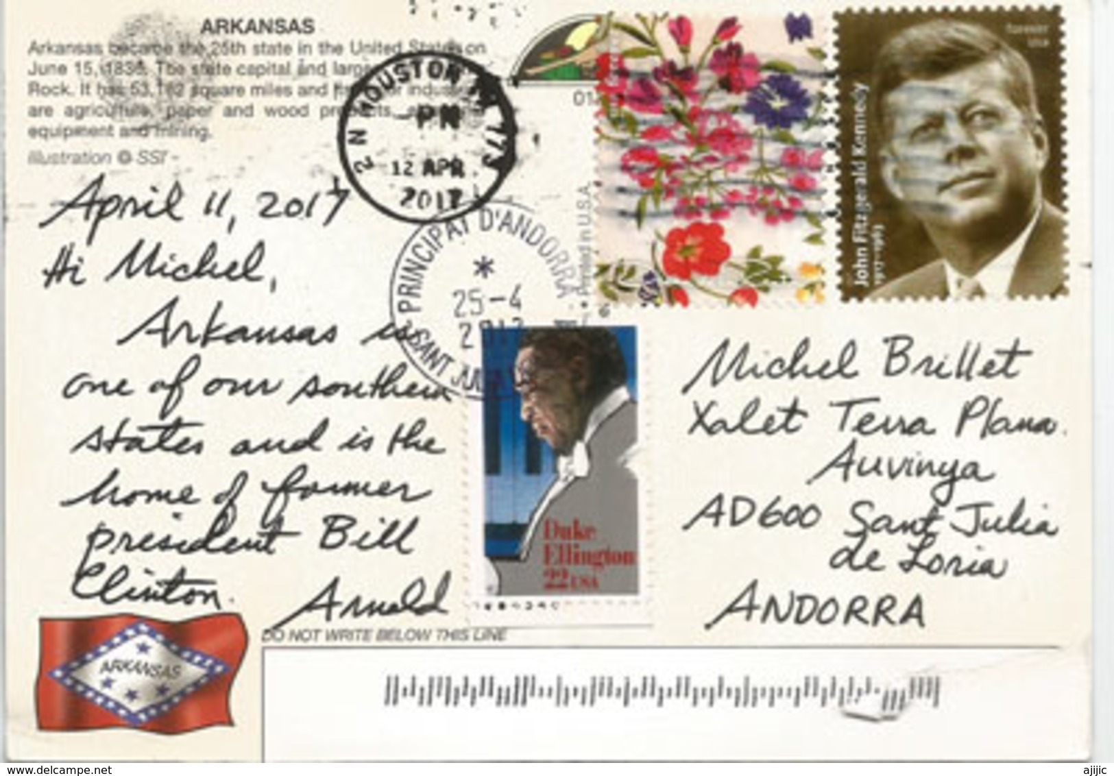 State Of Arkansas Map,  Postcard Addressed To ANDORRA, With Arrival Postmark,beautiful Postage - Cartes Géographiques