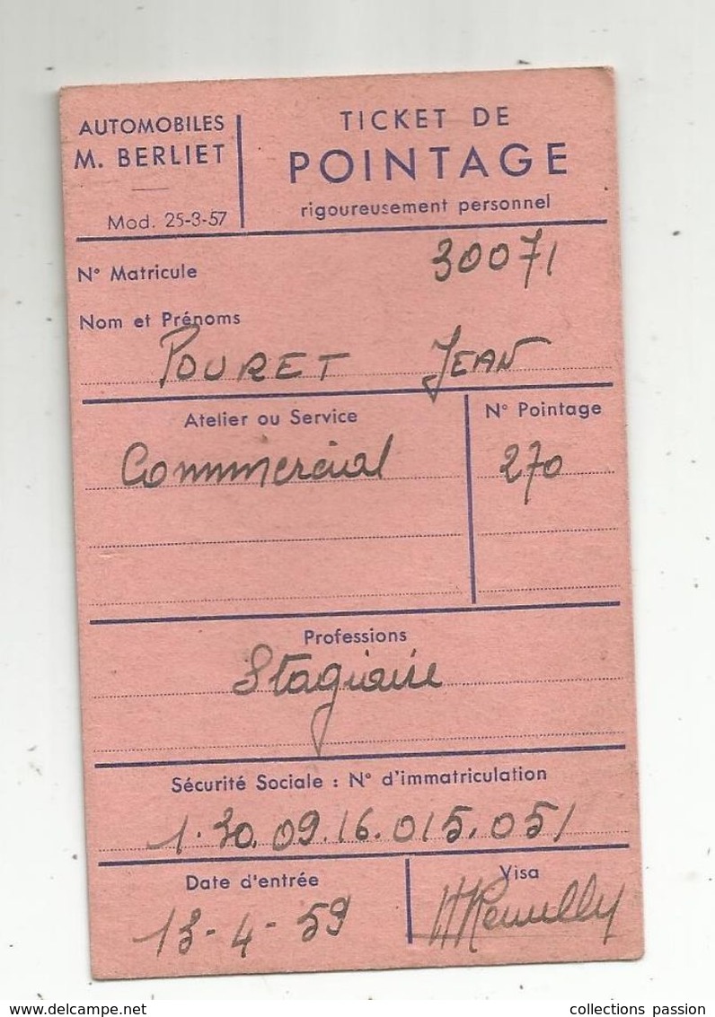 Ticket De Pointage , Automobiles M. BERLIET,1959 , 2 Scans - Ohne Zuordnung