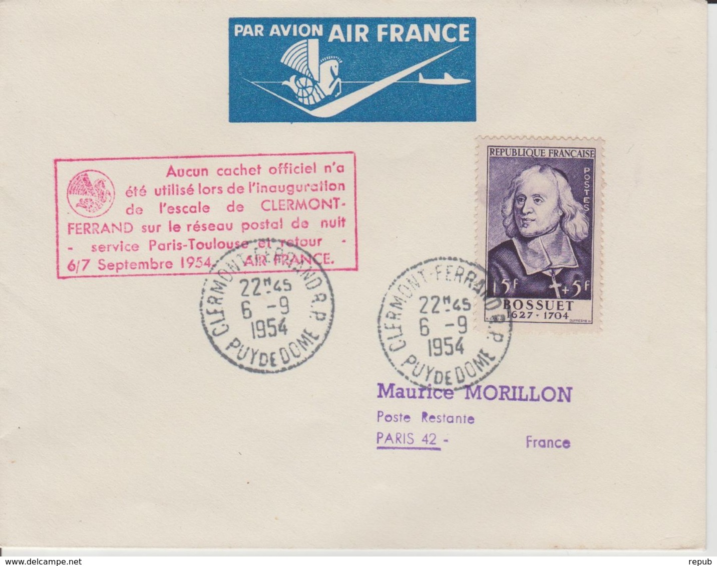 France 1954 Escale Clermont Ferrand Service Paris-Toulouse - First Flight Covers