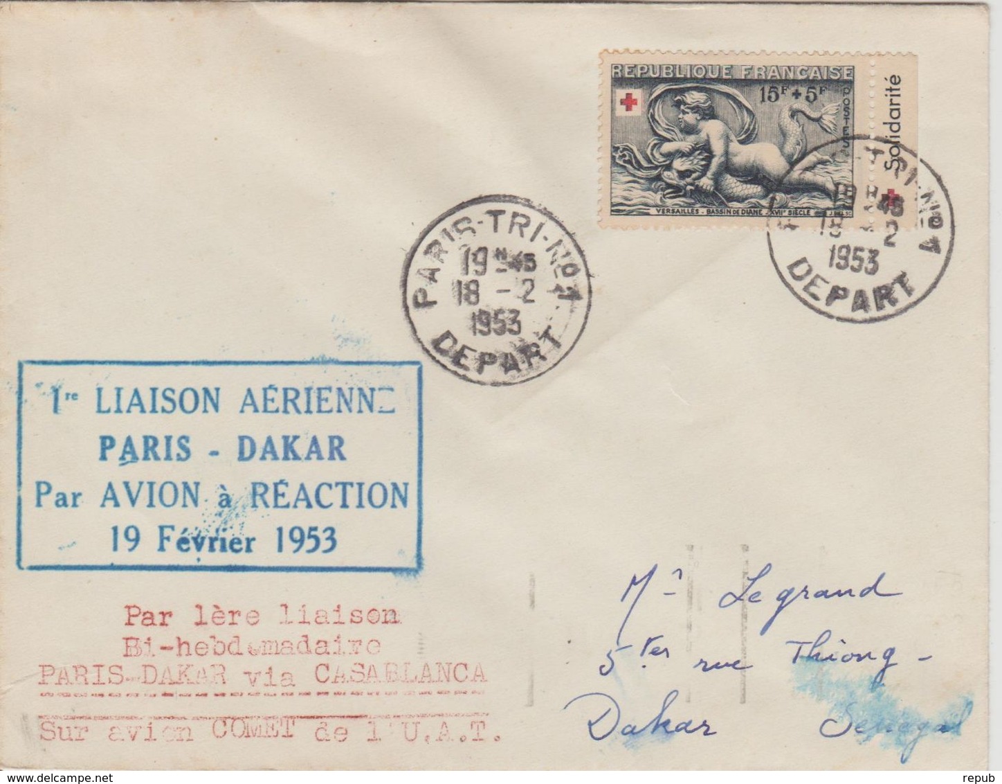 France 1953 Première Liaison Paris-Casablanca-Dakar - Erst- U. Sonderflugbriefe