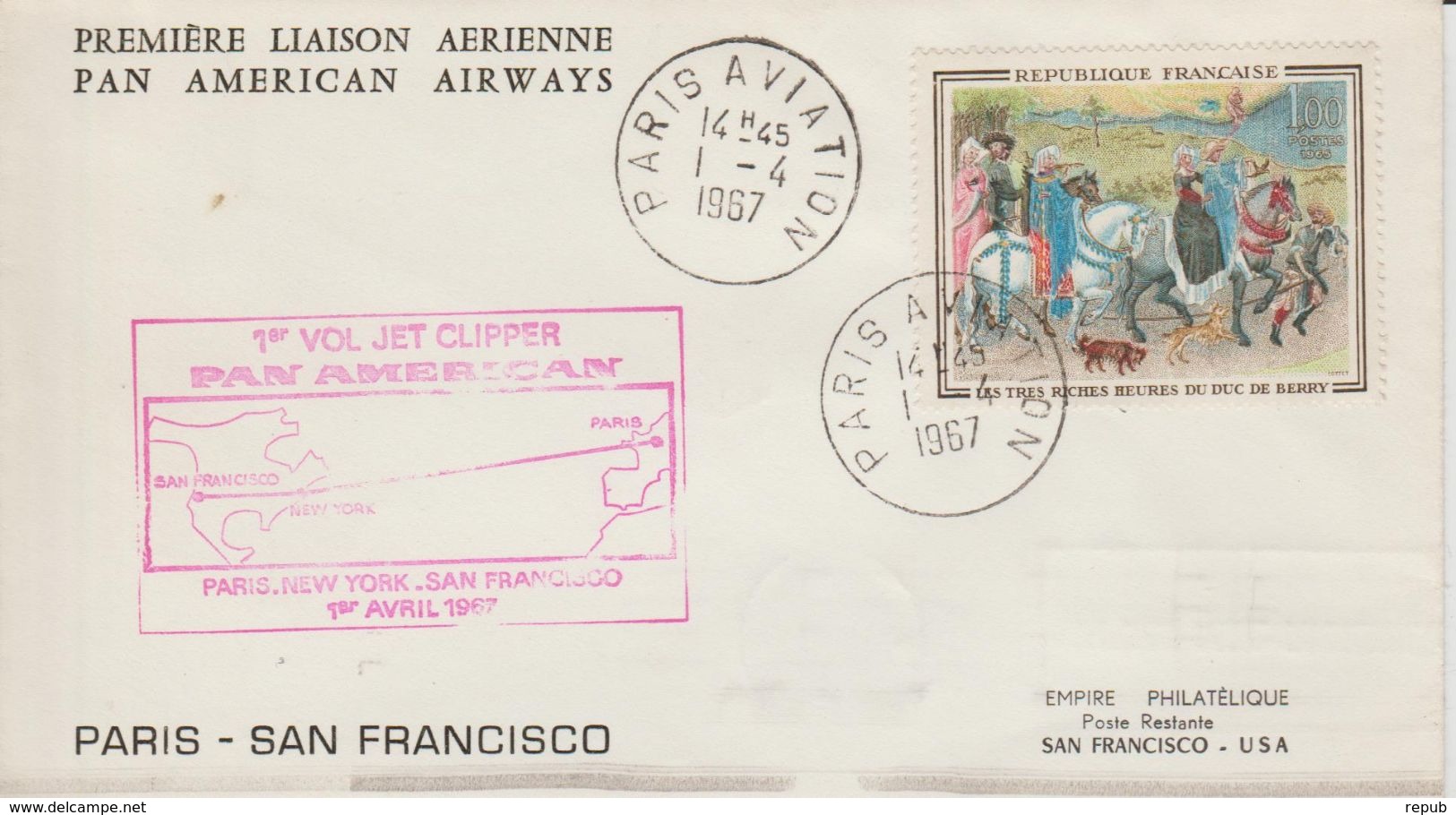 France 1967 Première Liaison Paris-New York-San Francisco - Erst- U. Sonderflugbriefe