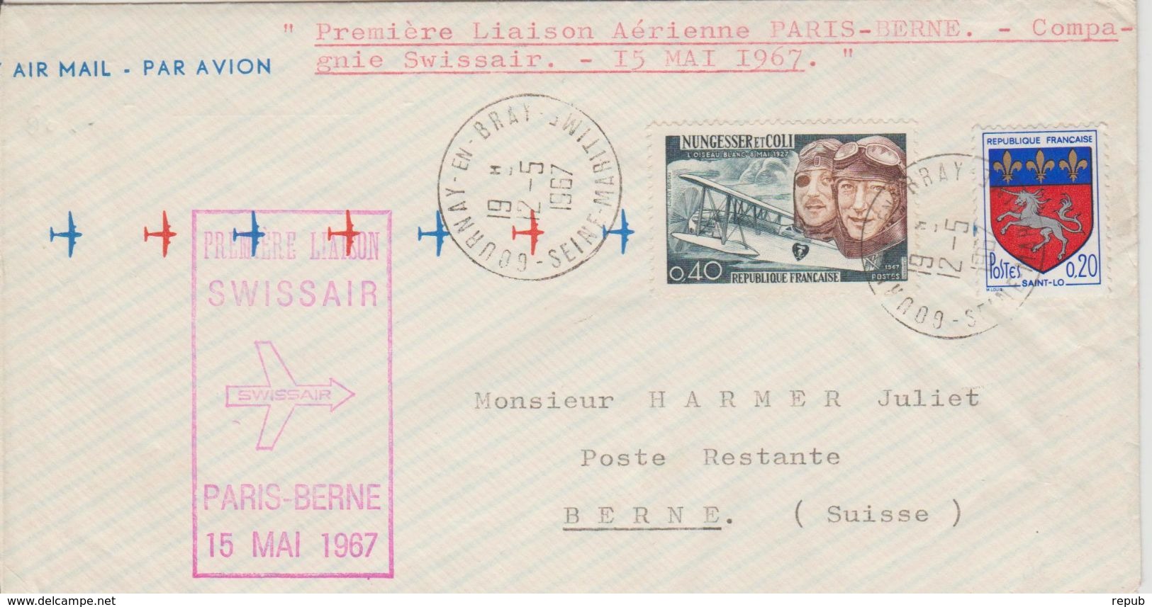 France 1967 Première Liaison Paris-Berne - Erst- U. Sonderflugbriefe