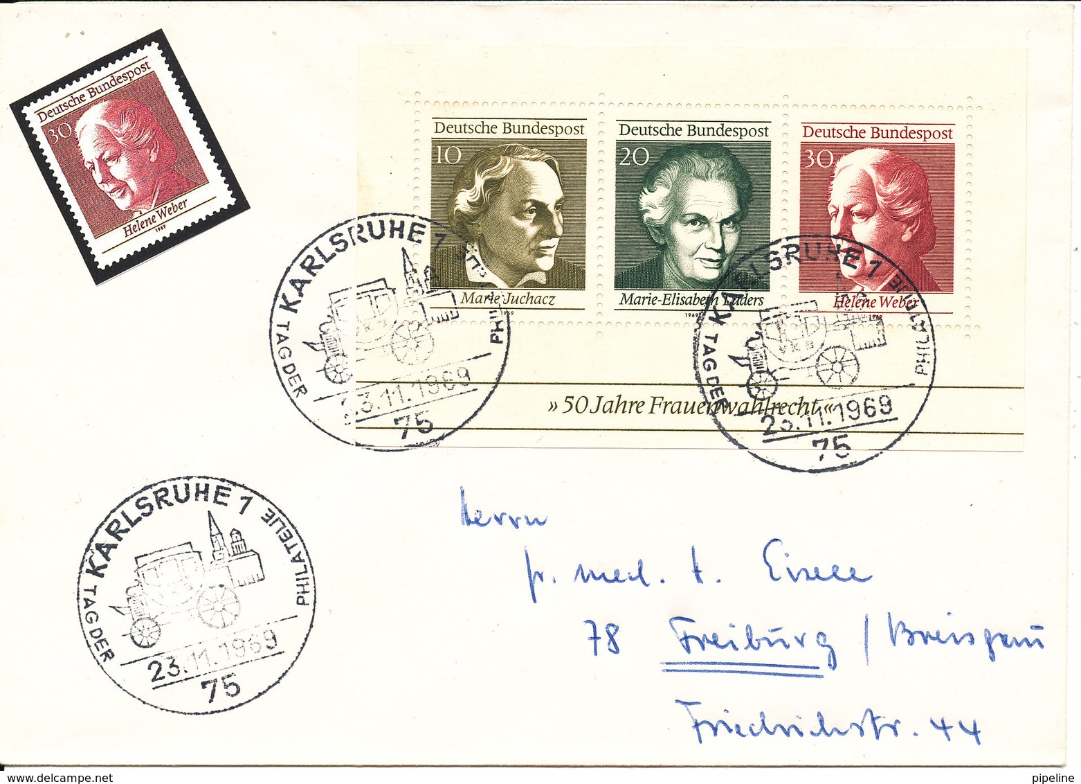 Germany Cover Special Postmark Karlsruhe 23-11-1969 With Minisheet 50 Years Of Women's Suffrage 1969 - Covers & Documents