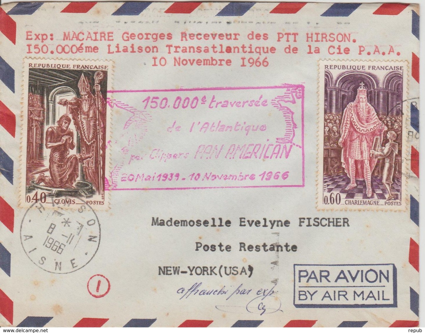 France 1966 150000ème Traversée De L'Atlantique - First Flight Covers