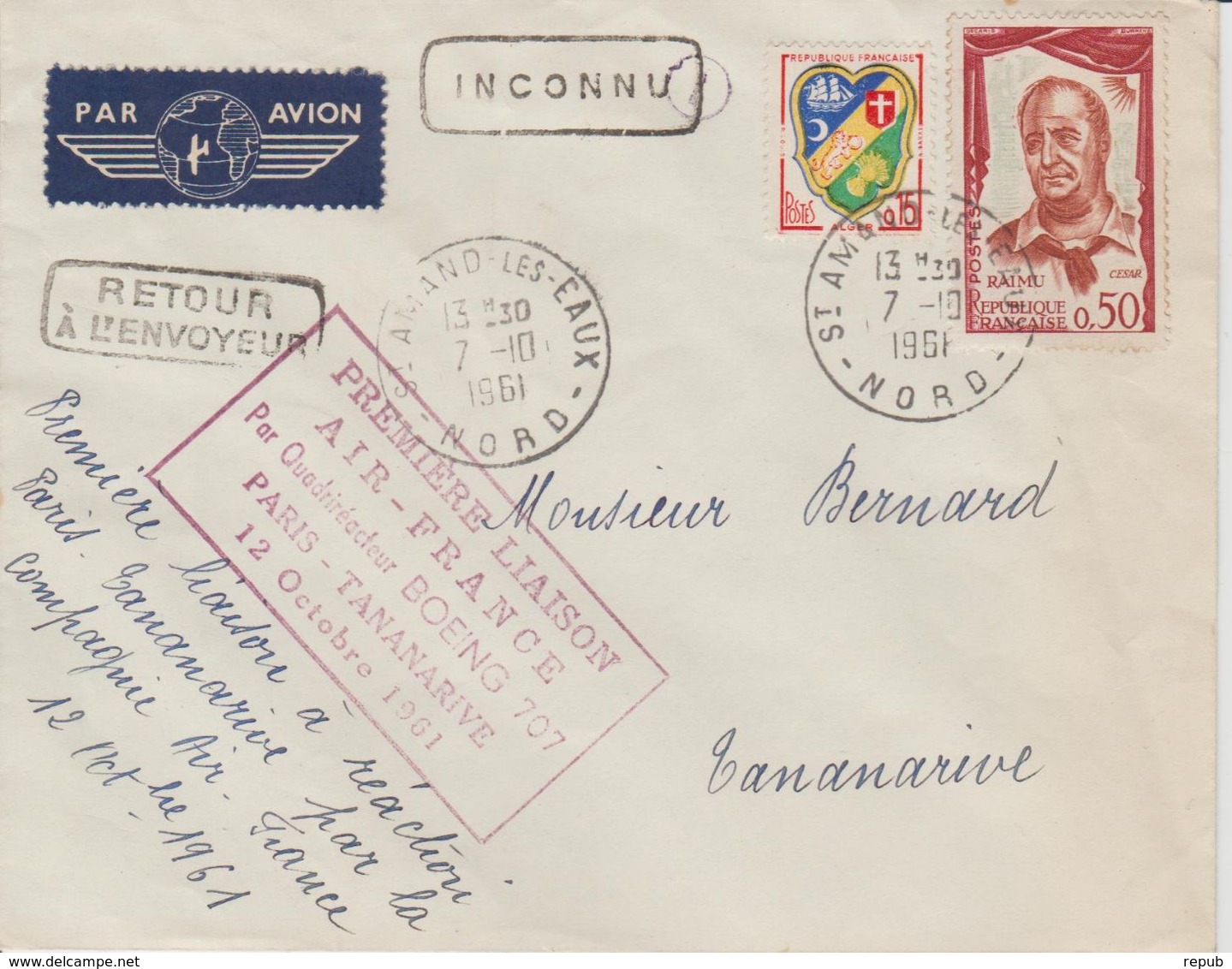 France 1961 Première Liaison Paris-Tananarive - First Flight Covers