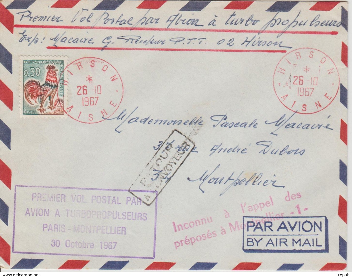 France 1967 Première Liaison Paris-Montpellier - Erst- U. Sonderflugbriefe