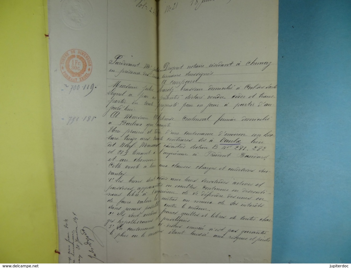 Acte Notarié 1892 Vente Par Hardy De Cul-des-Sarts à Coulonval De Baileux /7/ - Manuscrits