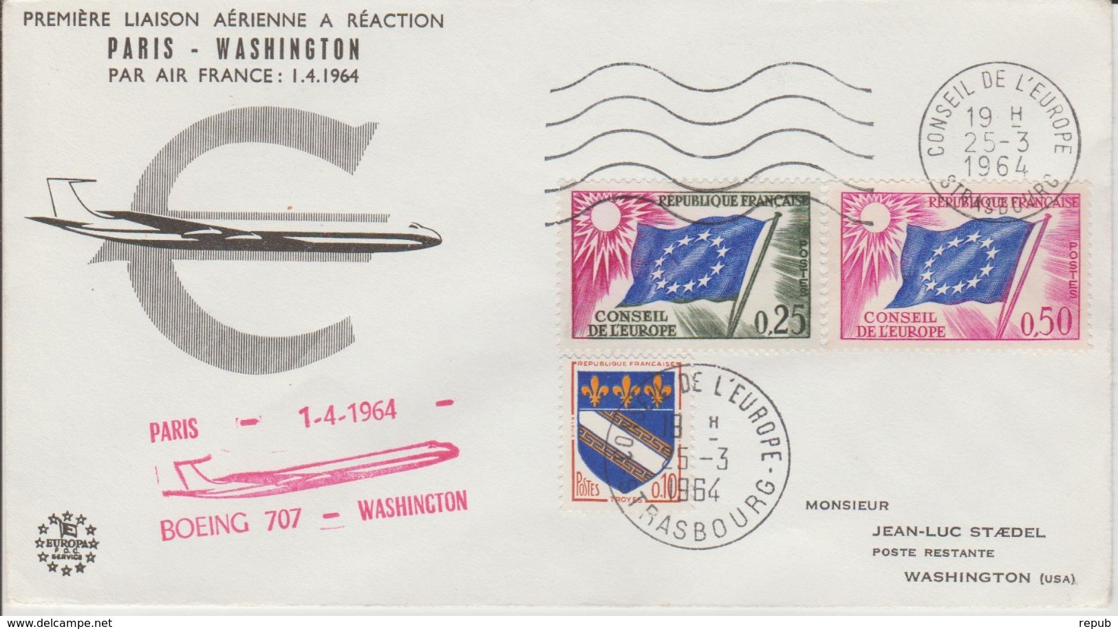 France 1964 Première Liaison Paris-Washington - Erst- U. Sonderflugbriefe