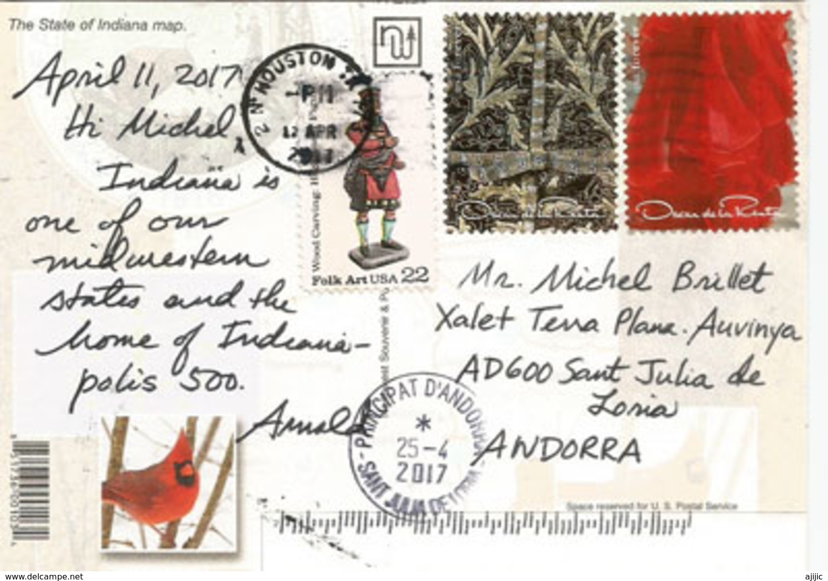 State Of Indiana Map,  Postcard Addressed To ANDORRA, With Arrival Postmark - Cartes Géographiques