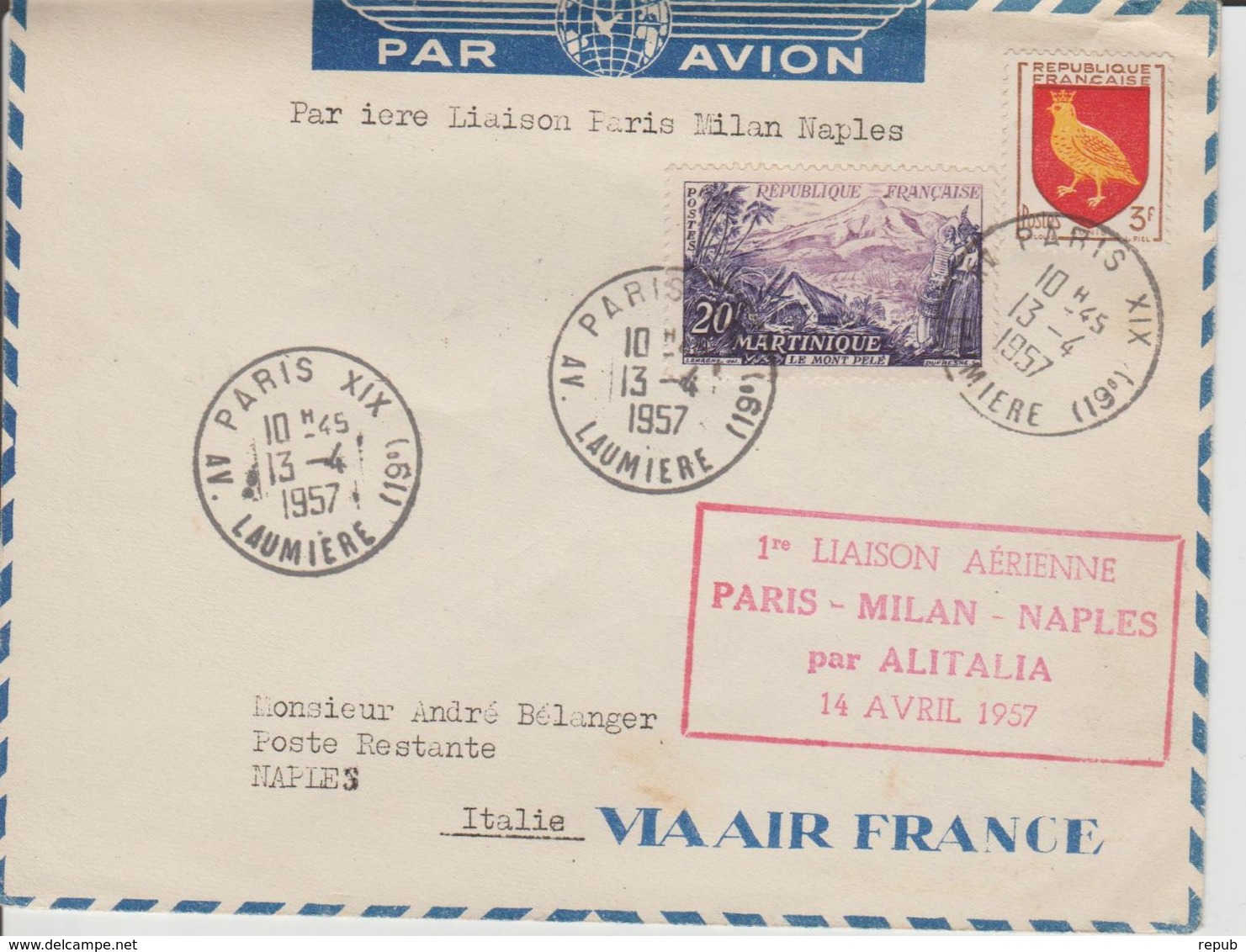 France 1957 Première Liaison Paris-Milan-Naples - First Flight Covers