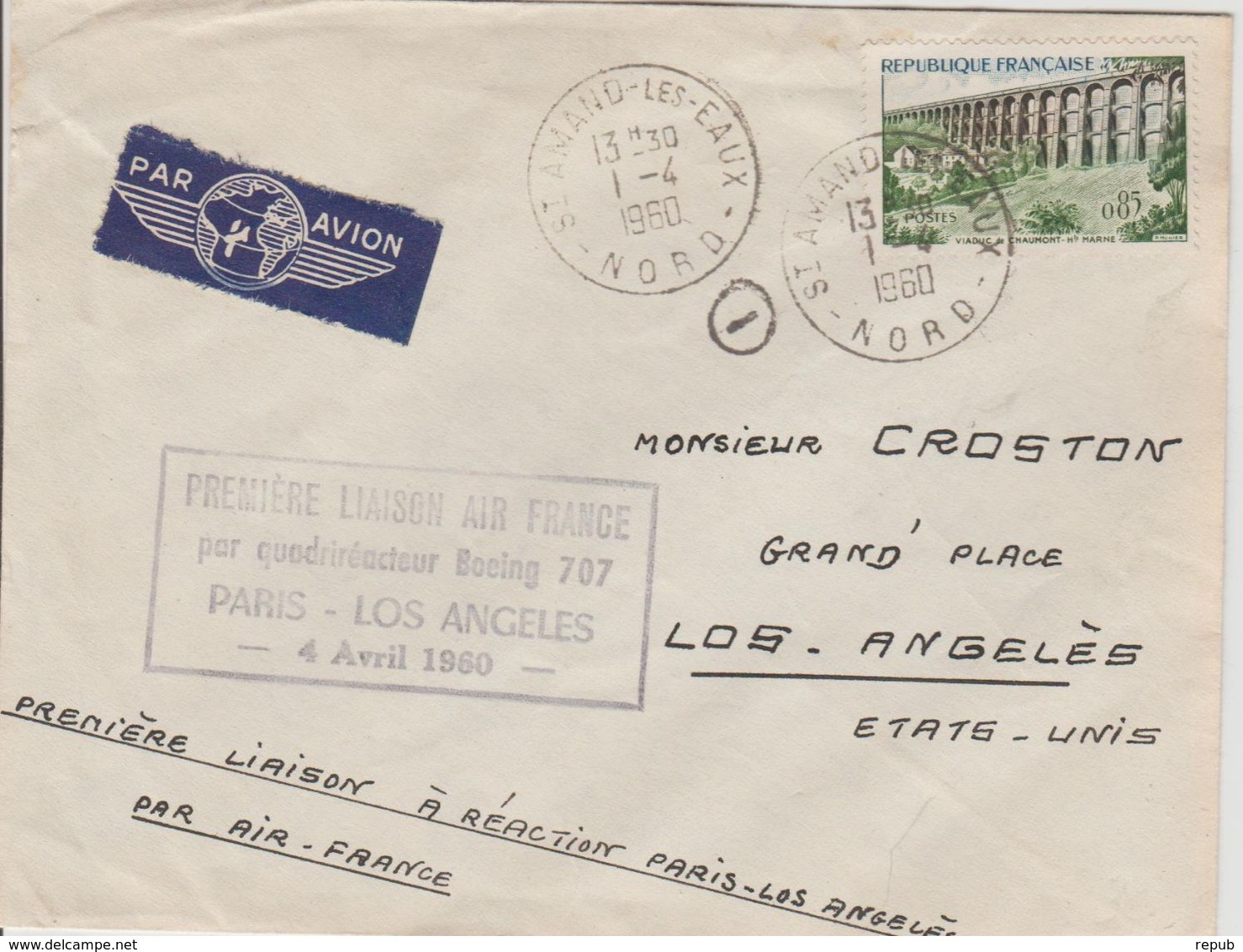 France 1960 Première Liaison Paris-Los Angeles - Erst- U. Sonderflugbriefe
