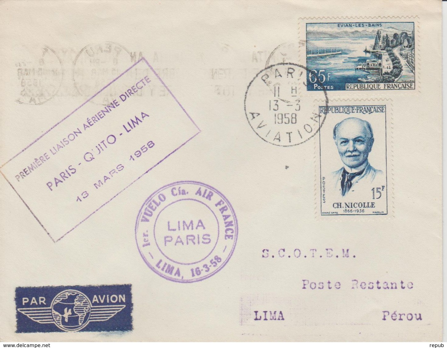 France 1958 Première Liaison Paris-Quito-Lima - First Flight Covers