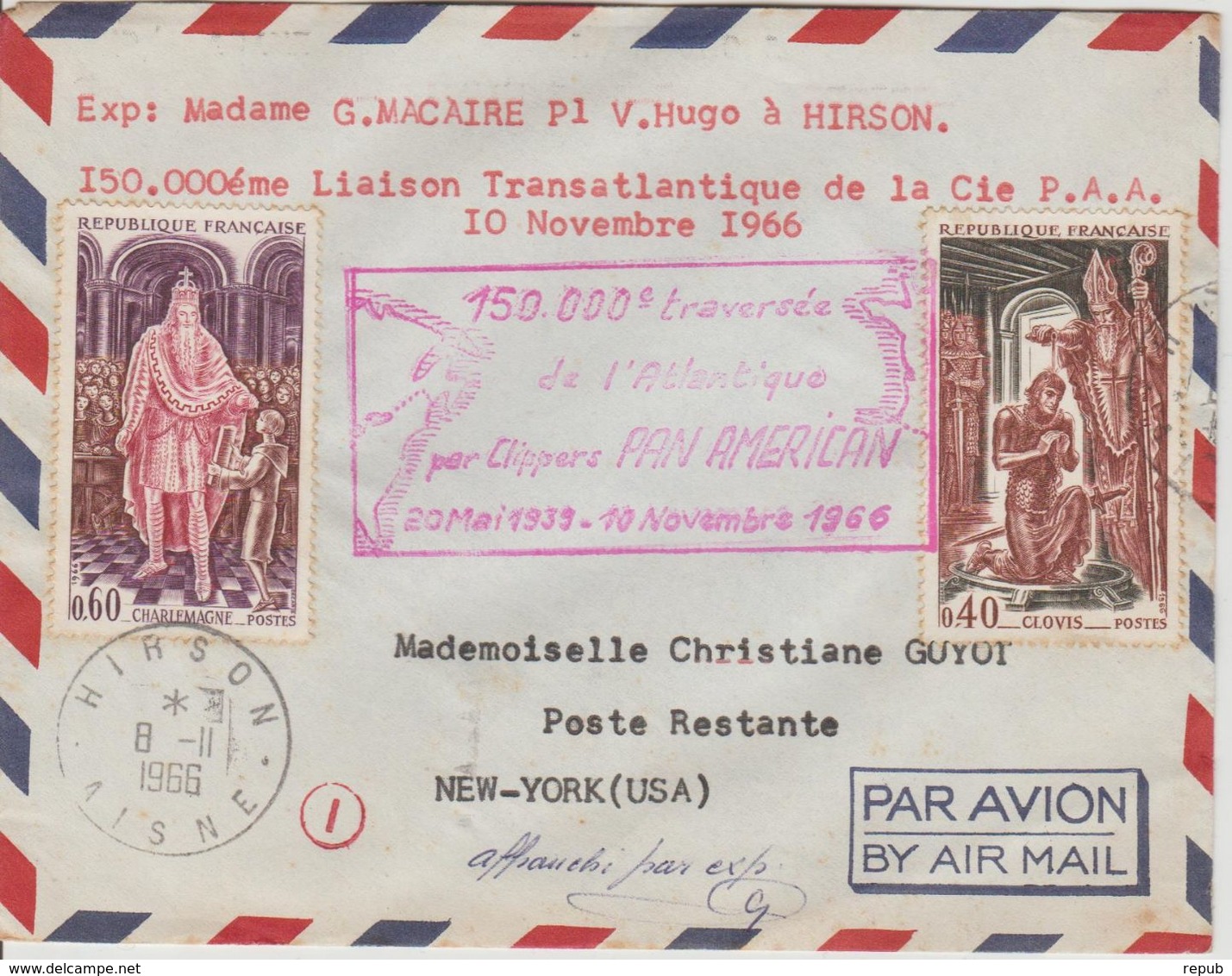 France 1966 150000ème Traversée De L'Atlantique - First Flight Covers