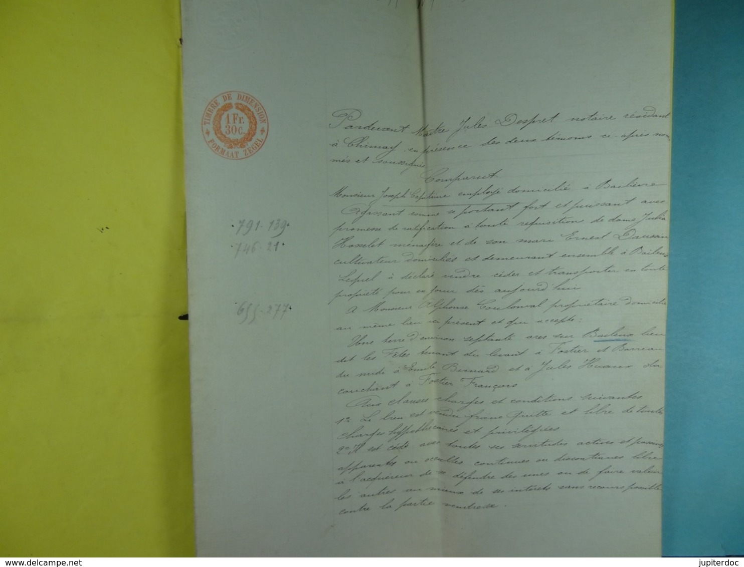 Acte Notarié 1888 Vente Par Hosselet De Baileux à Coulonval De Baileux /9/ - Manuscrits