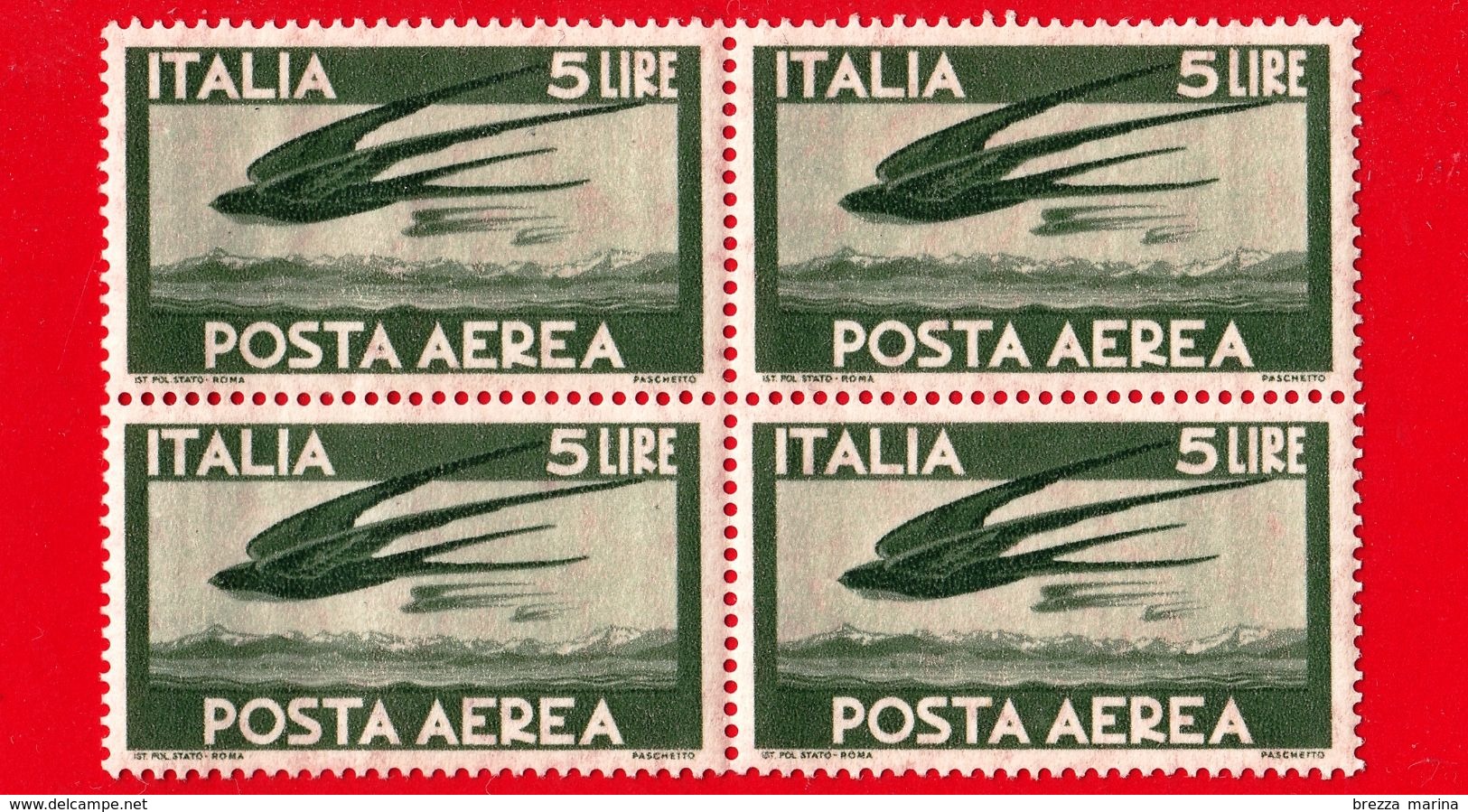 Nuovo - MNH - ITALIA - 1945 - Democratica - POSTA AEREA - 5 L.  Volo Di Rondini - Filigrana Ruota - Quartina - Posta Aerea