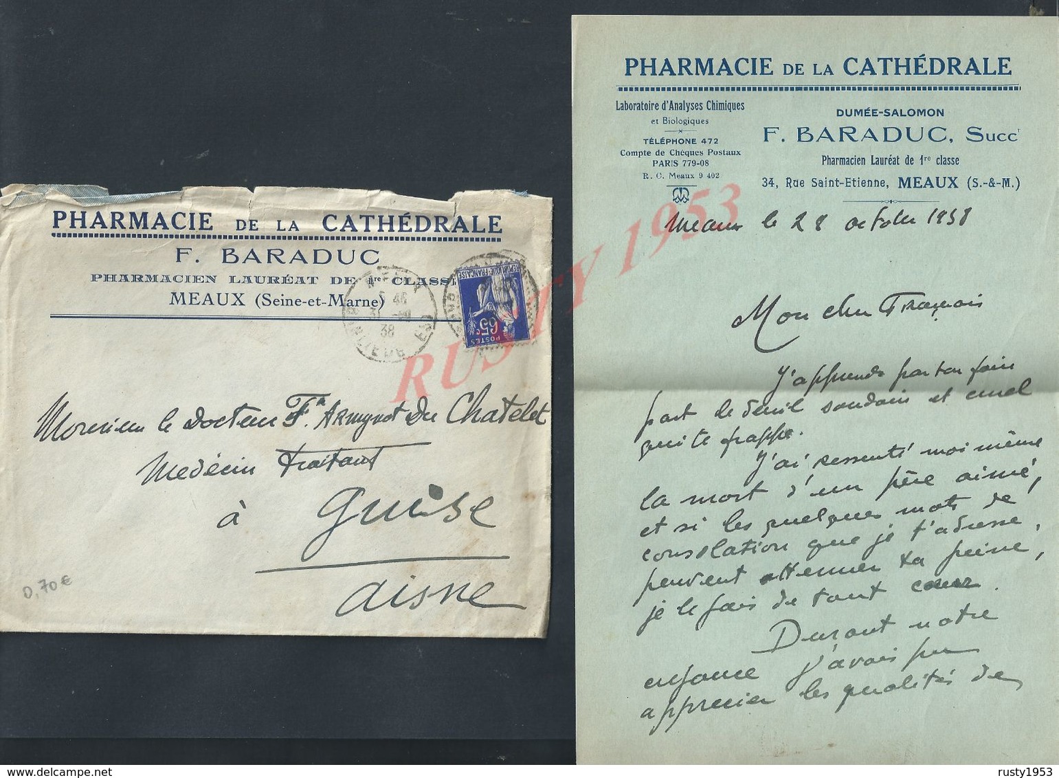 LETTRE COMMERCIALE DE 1938 F BARADUC PHARMACIE ( PHARMACIEN ) DE LA CATHÉDRALE À MEAUX RUE SAINT ETIENNE : - 1900 – 1949