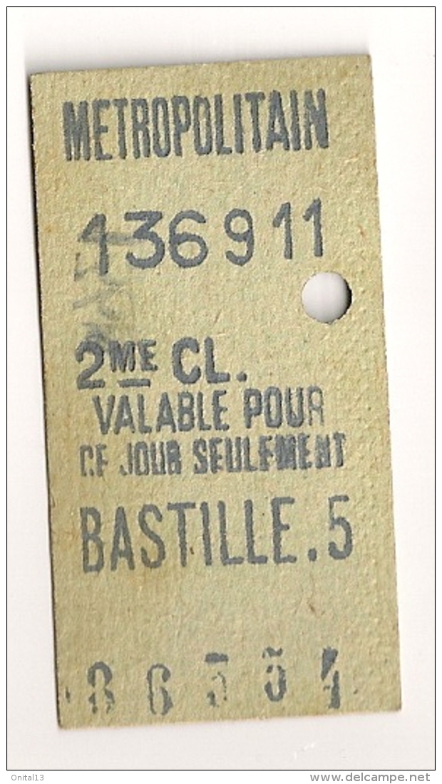 ANCIEN TICKET DE METRO PARIS BASTILLE . 5  CP1613 - Europe