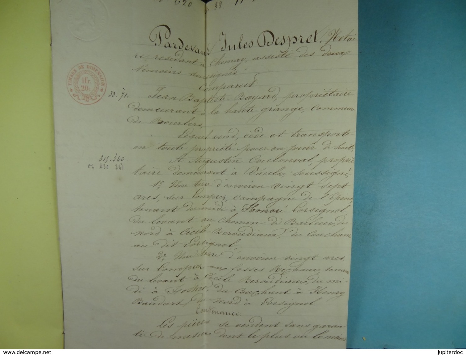 Acte Notarié 1859 Vente De Bayard De Bourlers à Coulonval De Vaulx /11/ - Manuscripts