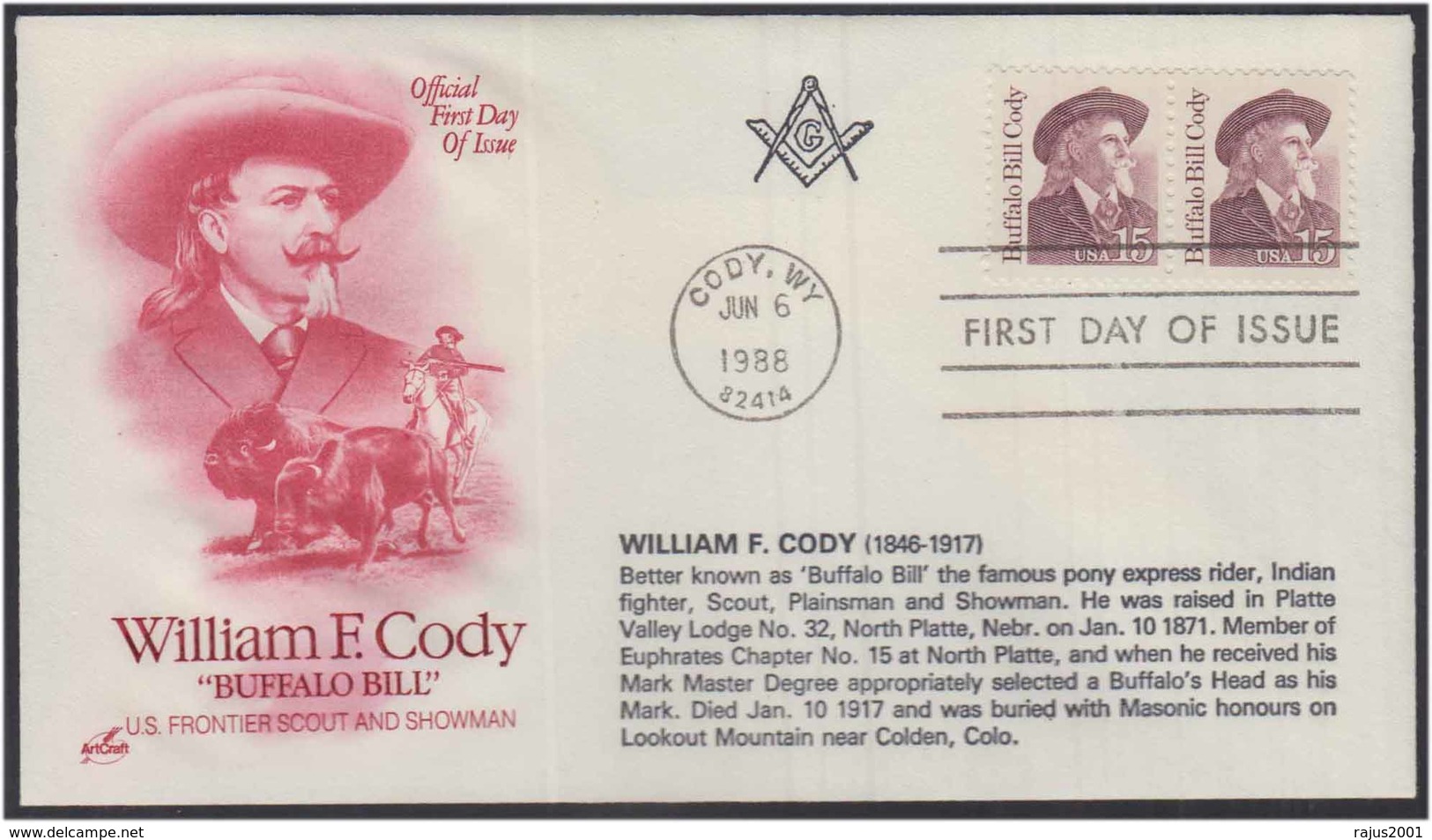 William F Cody Freemason Platte Valley Lodge 32 Freemasonry, Buffalo Bill Cody, Express Rider, Horse Masonic Cover USA - Franc-Maçonnerie