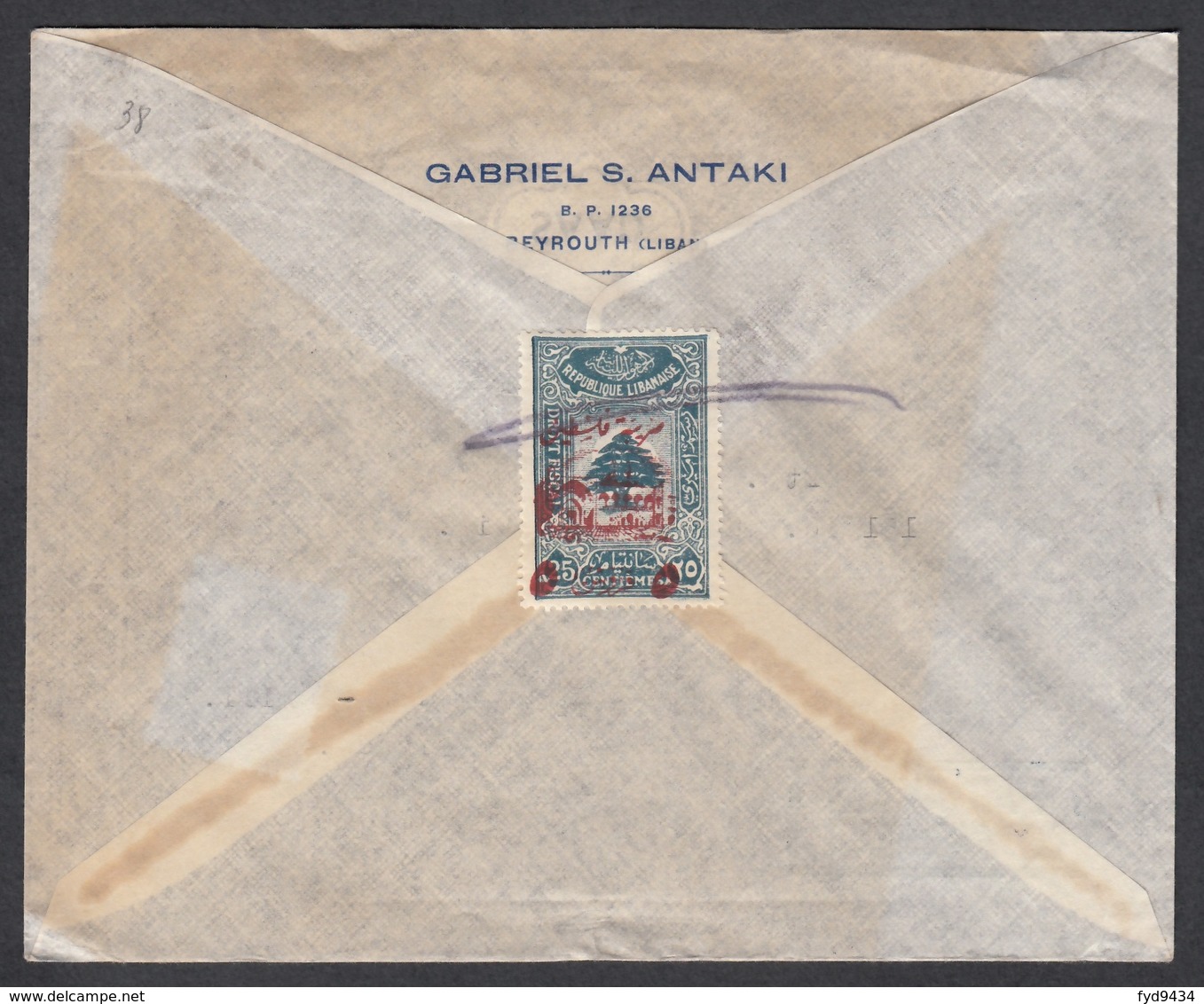 N° 38 + Timbre Fiscal Au Verso Sur Lettre Par Avion Oblit. CAD " Beyrputh R.P. 23/12/48 " Pour Paris - Liban